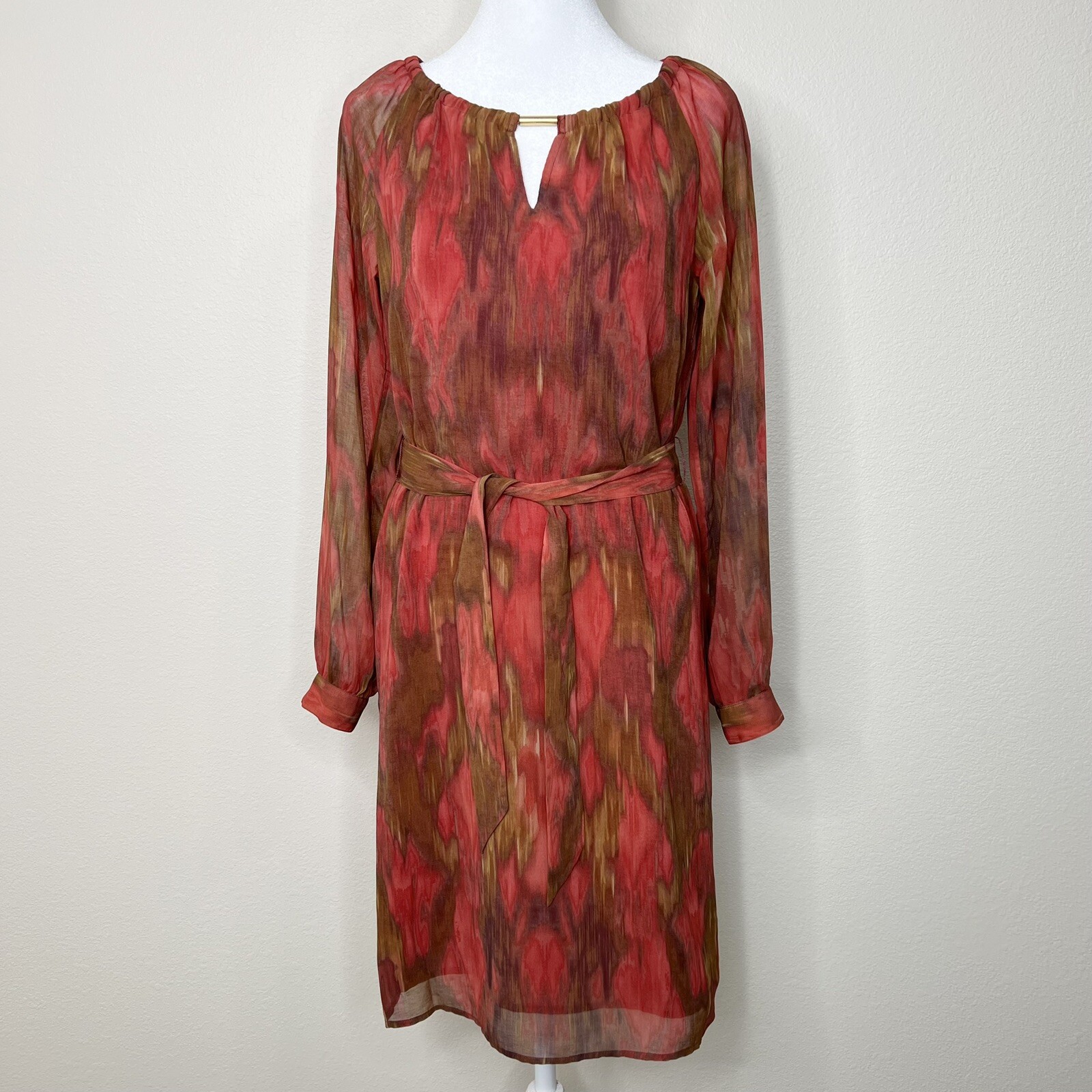 Banana Republic Red Ikat Chiffon Long Sleeve Keyhole Neck Belted Dress Sz 2