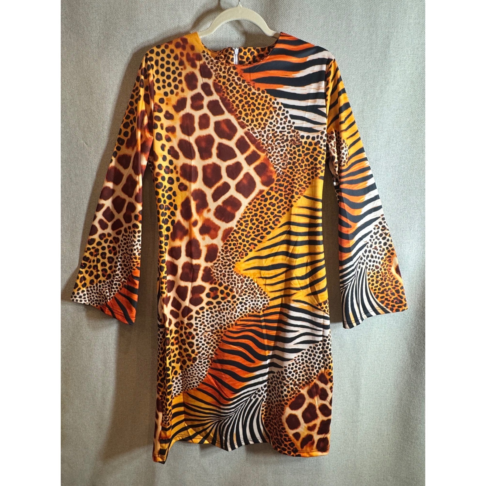 Womens XL Animal Print Shift Dress Long Sleeve Leopard Zebra Stretch Midi