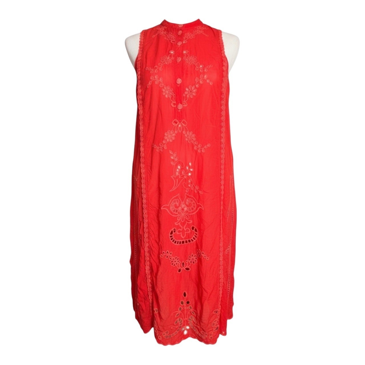 Johnny Was Rhodes Scarlet Red Embroidered Eyelet Sleeveless Shift Dress XS