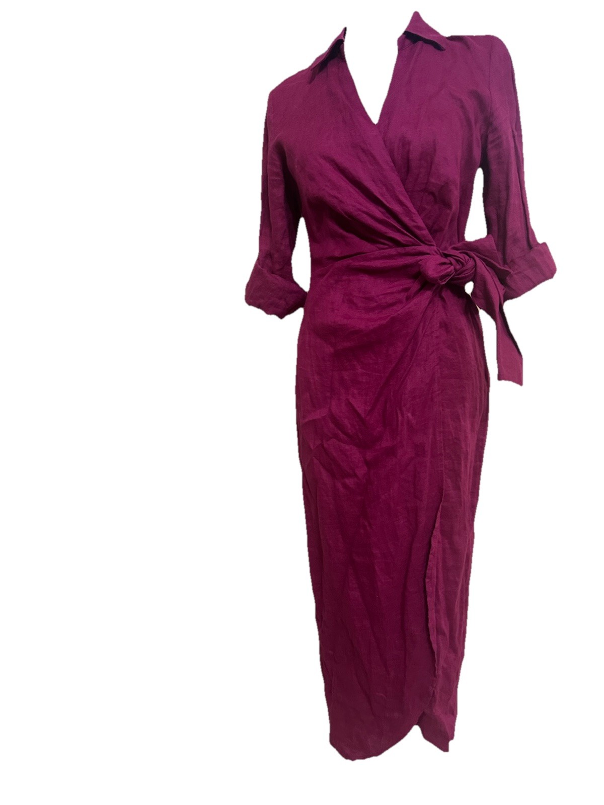 Magaschoni Linen Midi Wrap Dress Sz 6 Long Sleeve Lightweight Breathable