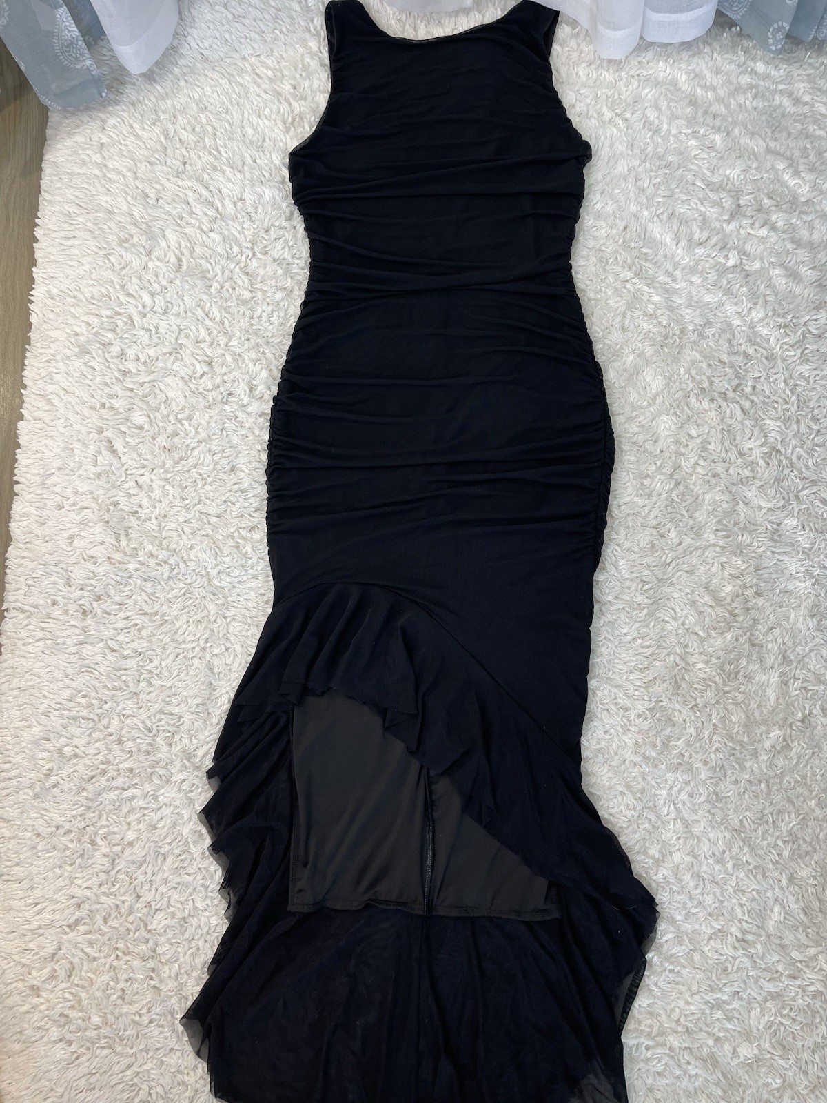 ZESICA Women’s Black Solid Ruched Sheer Mesh Ruffle Bodycon Midi Dress M