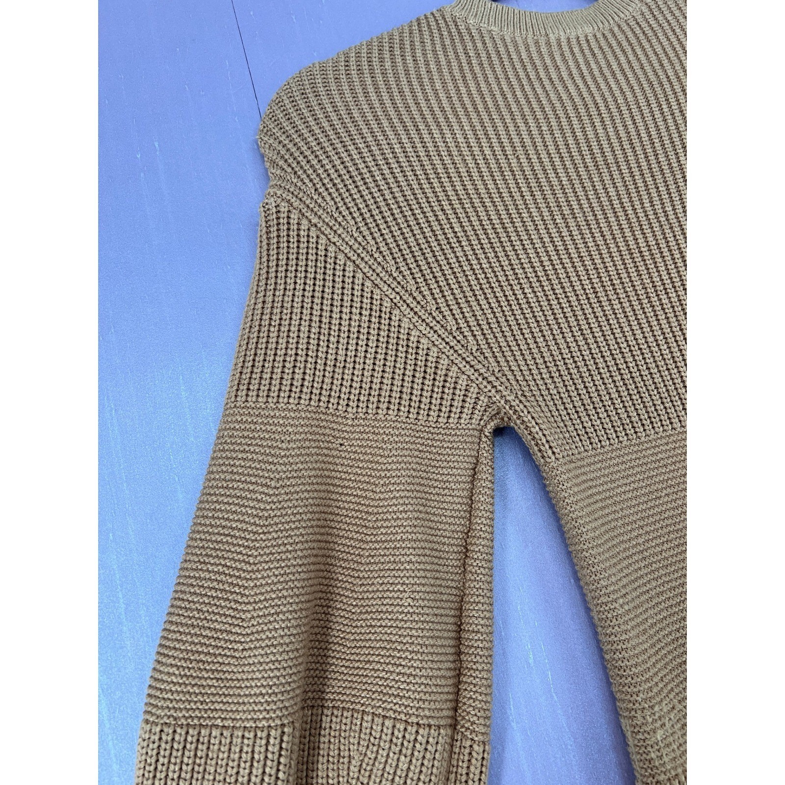 Staud Marleybone Neutral Camel Ribbed Knit Balloon Sleeve Mini Sweater Dress XS