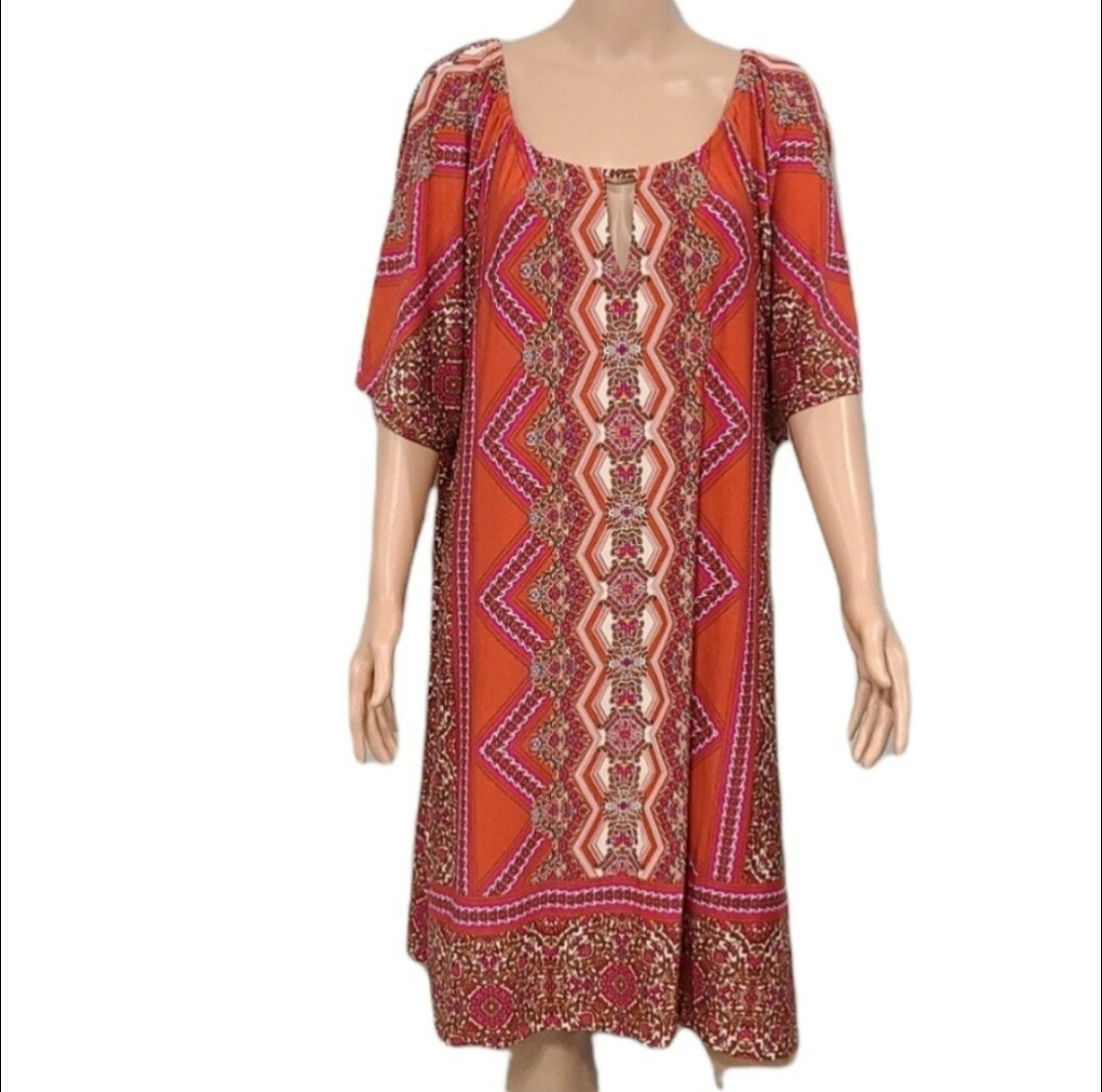 GRACE DRESSES Triangle Floral Print Dress Size 3X Orange Pink Geometric Shift