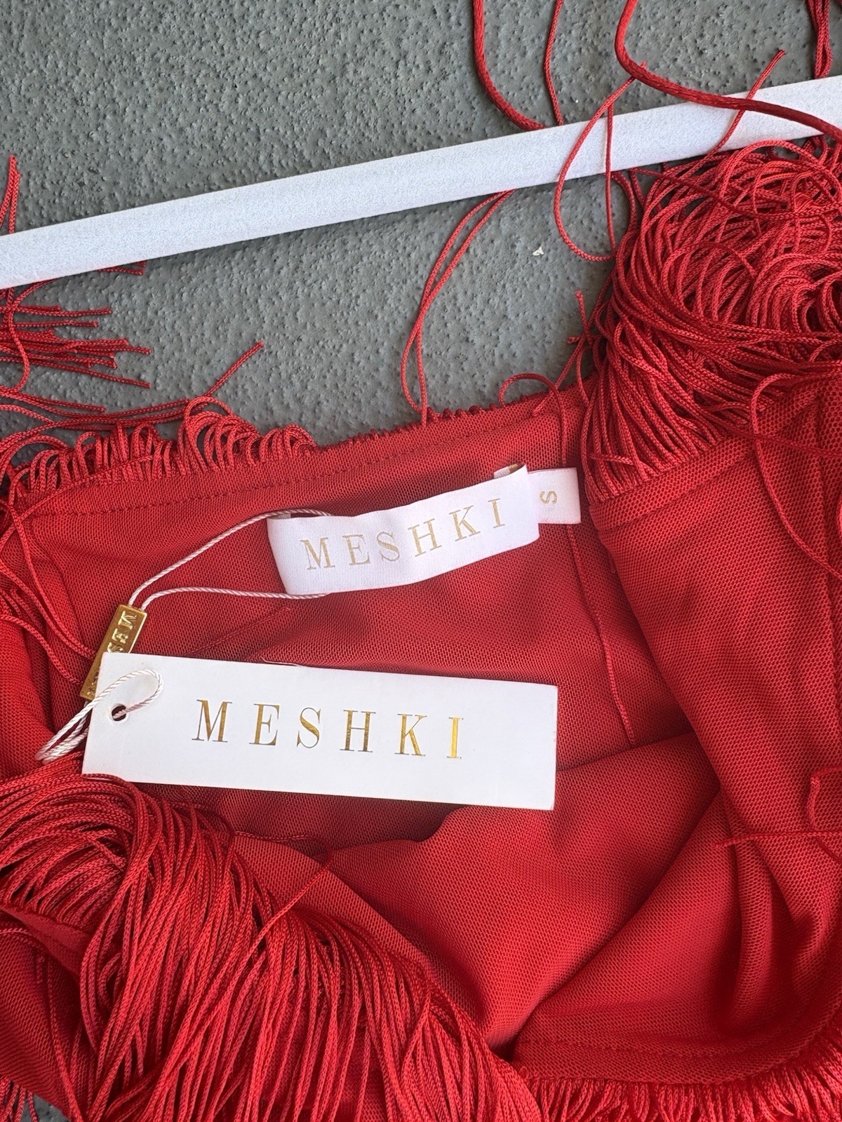 MESHKI Flowy Red Fringe V-Neck Strappy Mini Dress