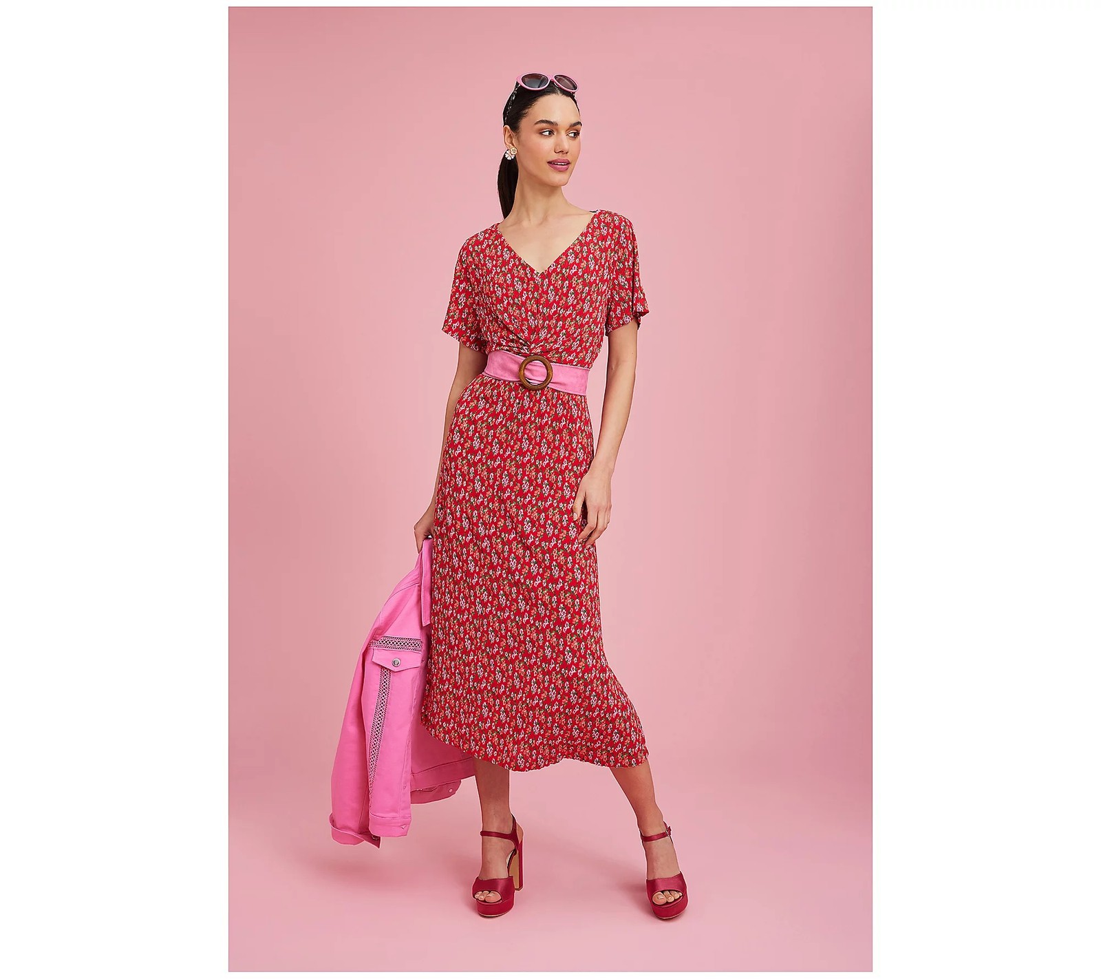 Isaac Mizrahi Live! Regular Printed Crinkle Knit Short Slv Maxi Dress Pink L New