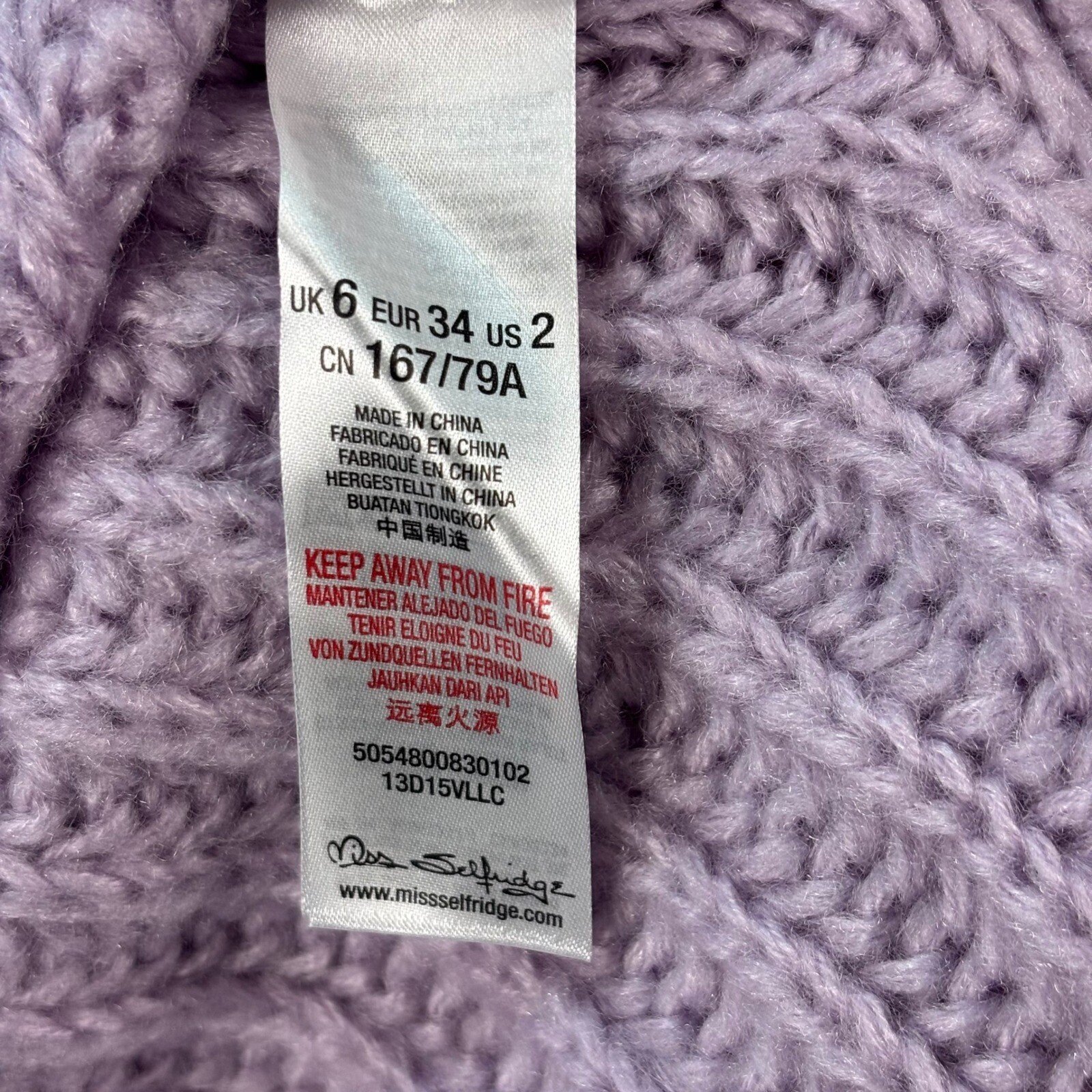 Miss Selfridge Sweater Dress Chunky Knit Lavender Purple Mock Neck US 2