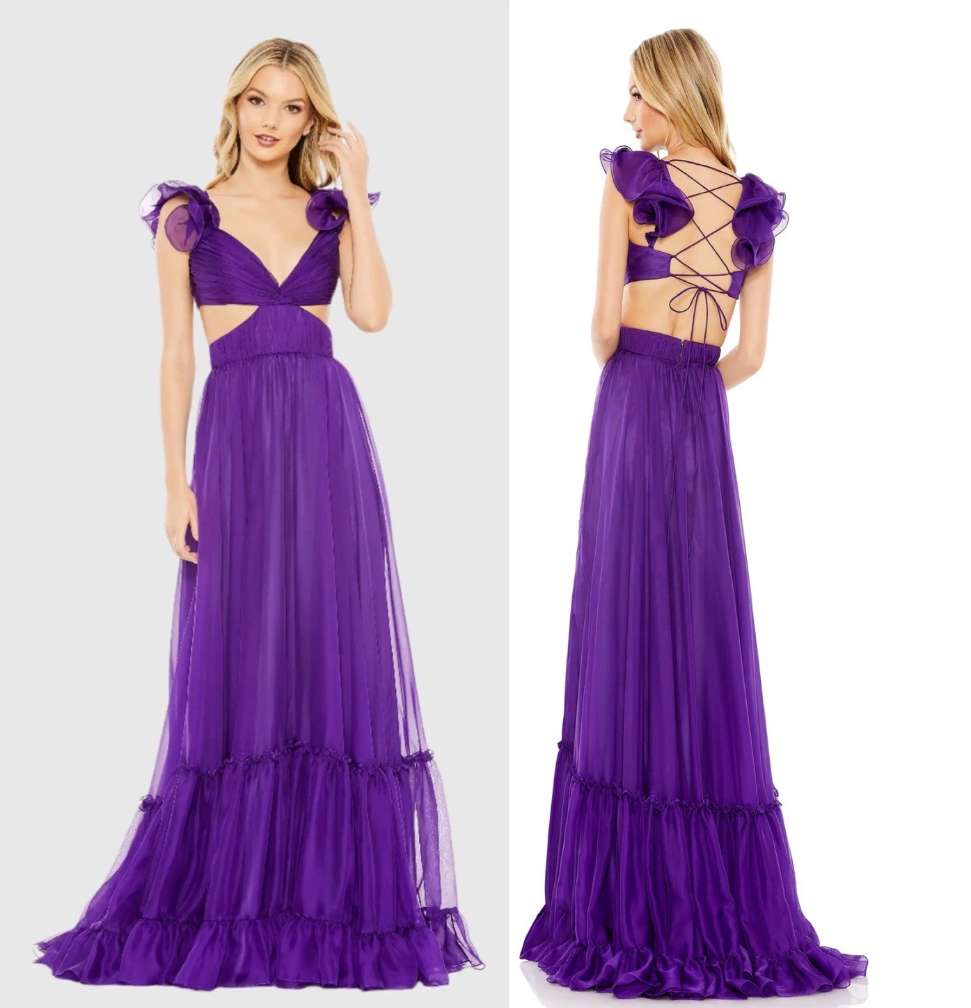 Mac Duggal Size 8 Purple 70254 Ruched Ruffled Shoulder Cut out Lace Up Gown Prom