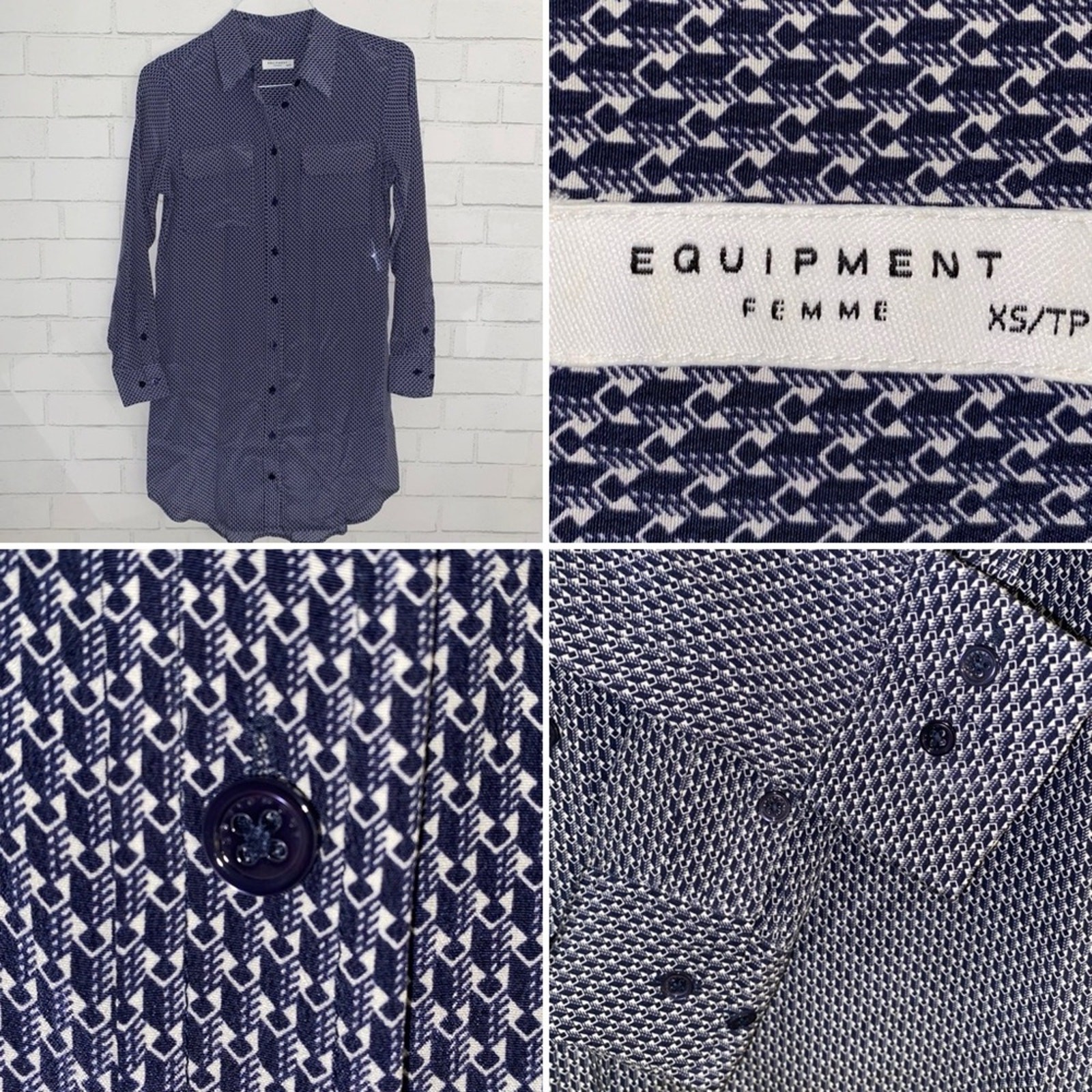 Equipment $325 Essential Silk LS Shirt Dress Navy White Geo Print XS NWOT