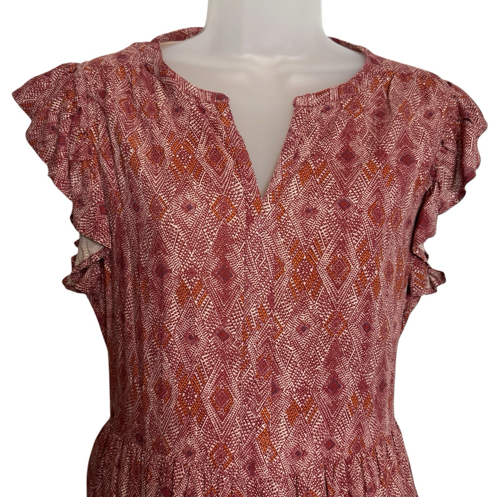 Sweet Magnolia Boho Midi Dress Medium Rust Geometric Tiered Flutter Sleeve