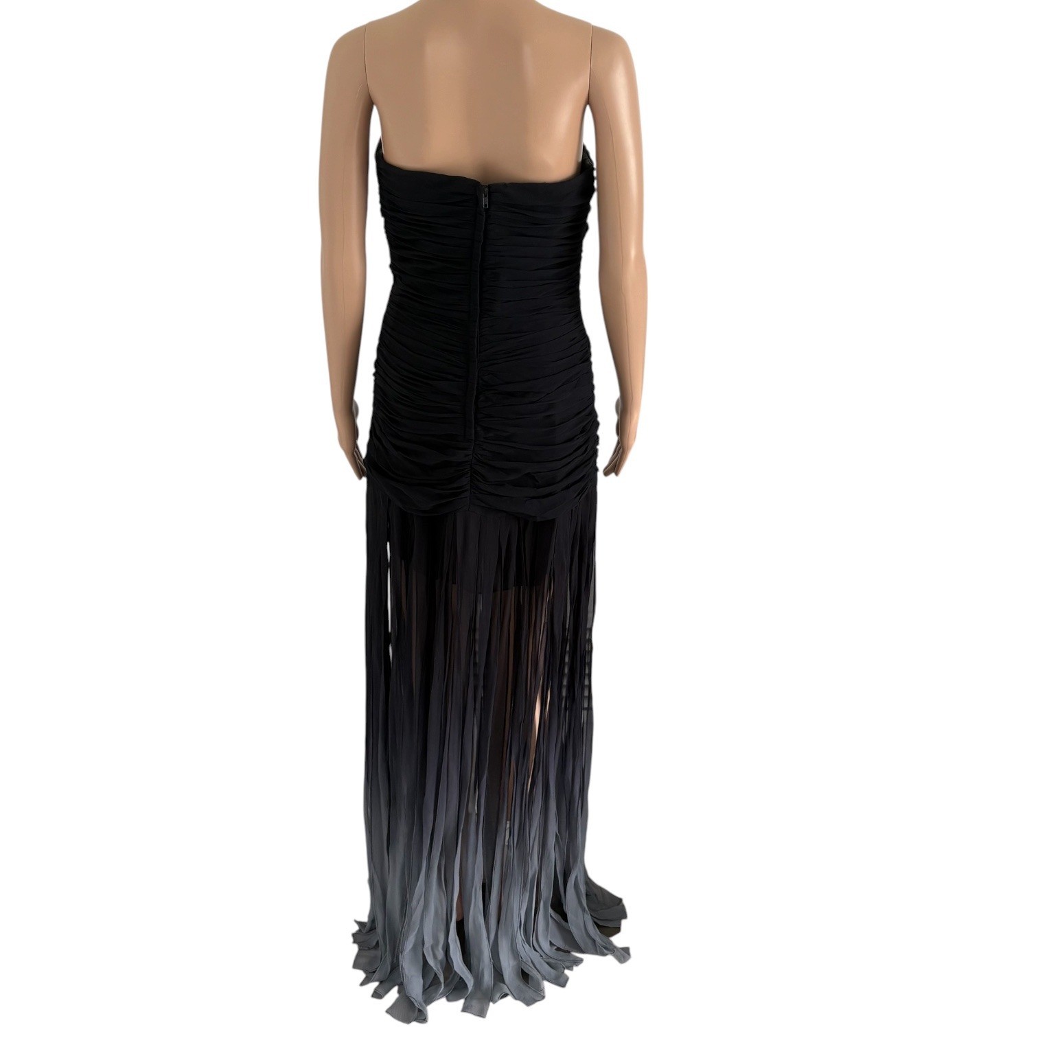 BCBGMAXAZRIA Strapless Silk Ruched Ombre Fringe Maxi Dress 8 Old Hollywood