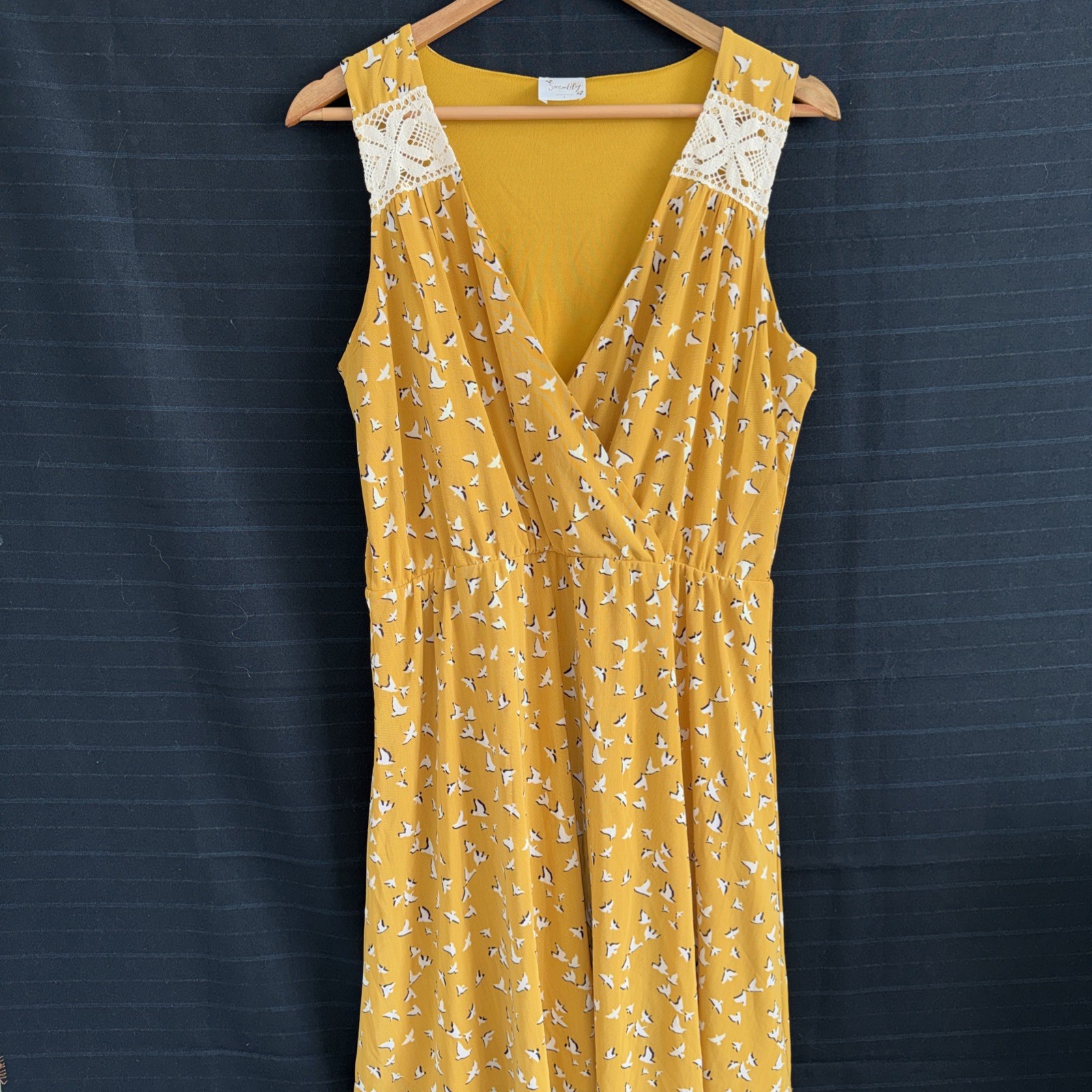 SirenLily Womens Yellow Gold Cross Over V Neck Fit and Flare Sleeveless Dress L