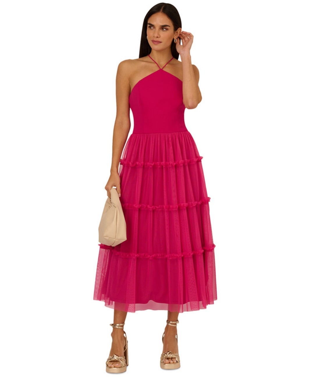 Adrianna Women’s Ruffled Tiered Midi Dress Size 10 Color Bright Rose MSRP $245