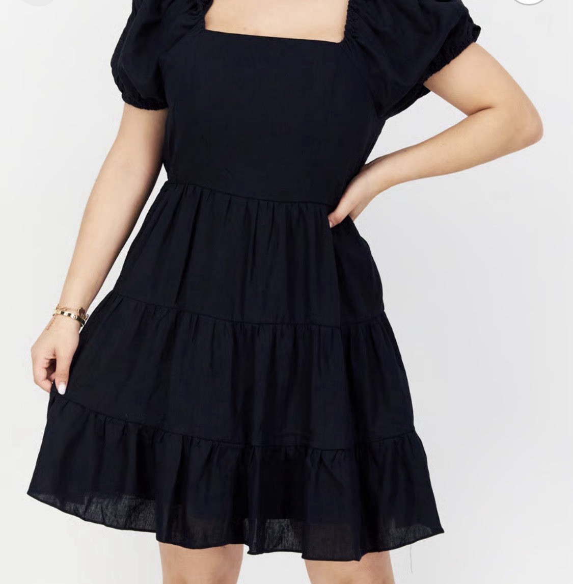 CeCe Blue Linen Rayon Solid Square Neck Open Back Tiered Mini Dress Women’s L