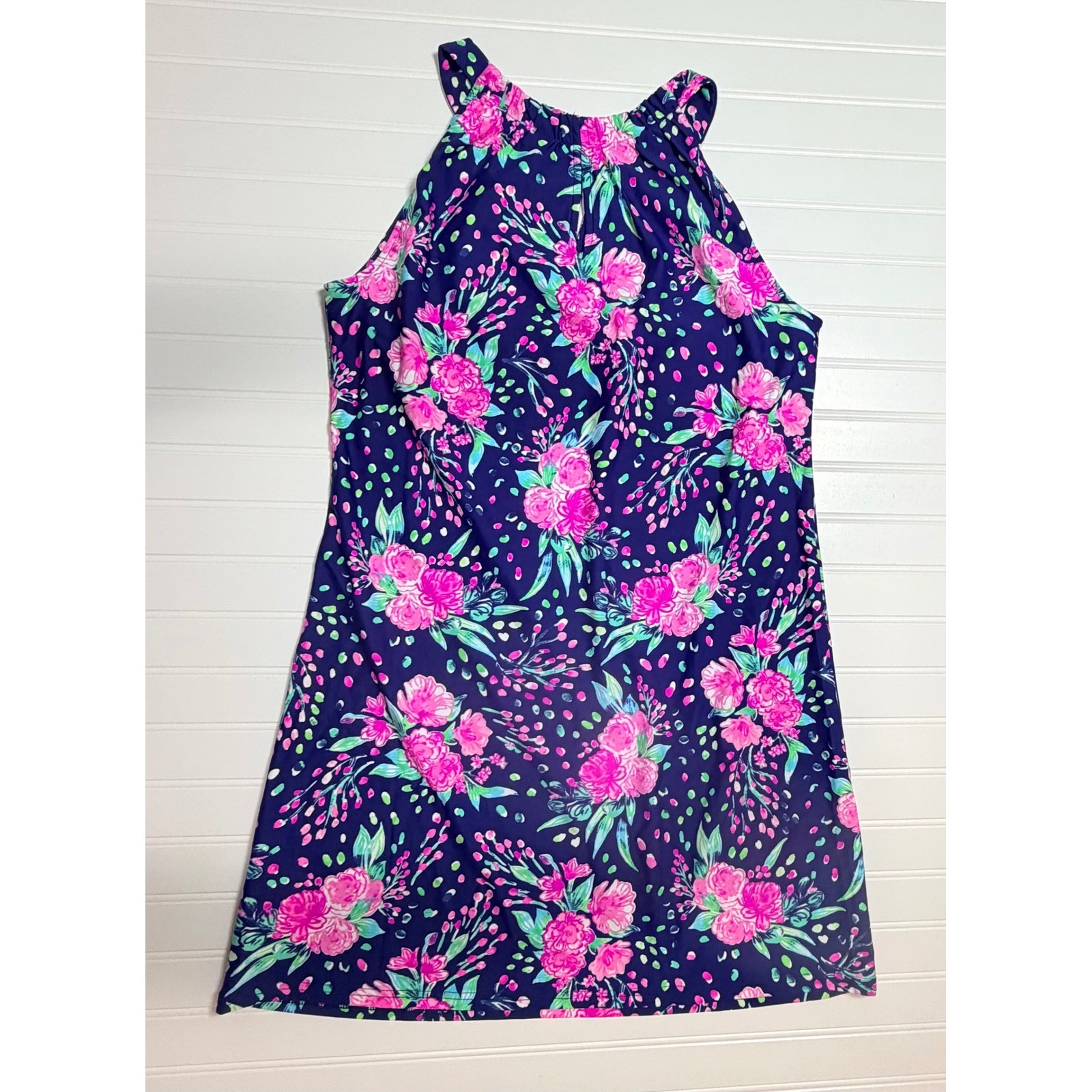 Aryeh Womens Navy Blue Pink Floral Halter Neck A-Line Dress Size Large