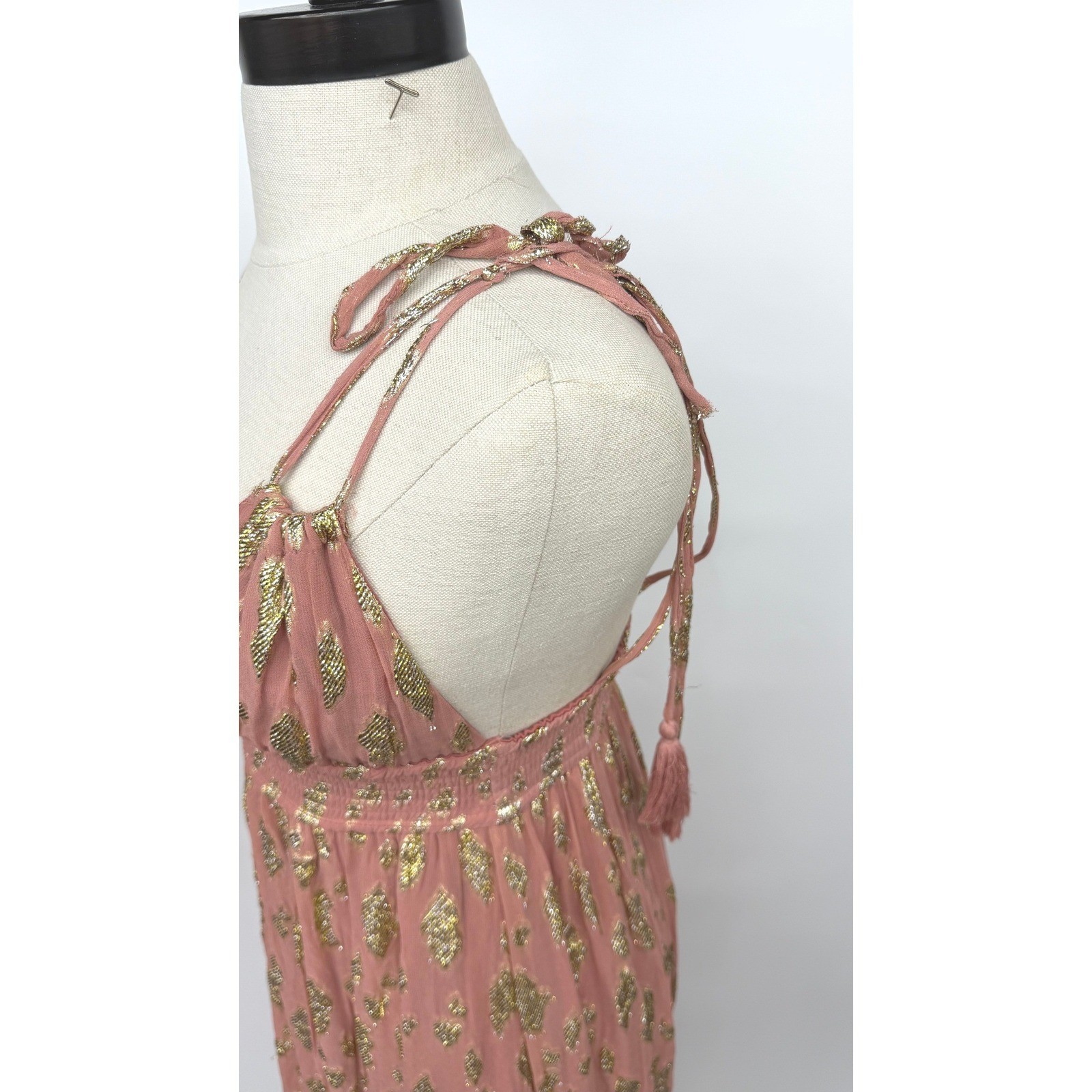 Altar’d State Pink Gold Metallic Maxi Dress Smocked Waist Tassel Straps Small