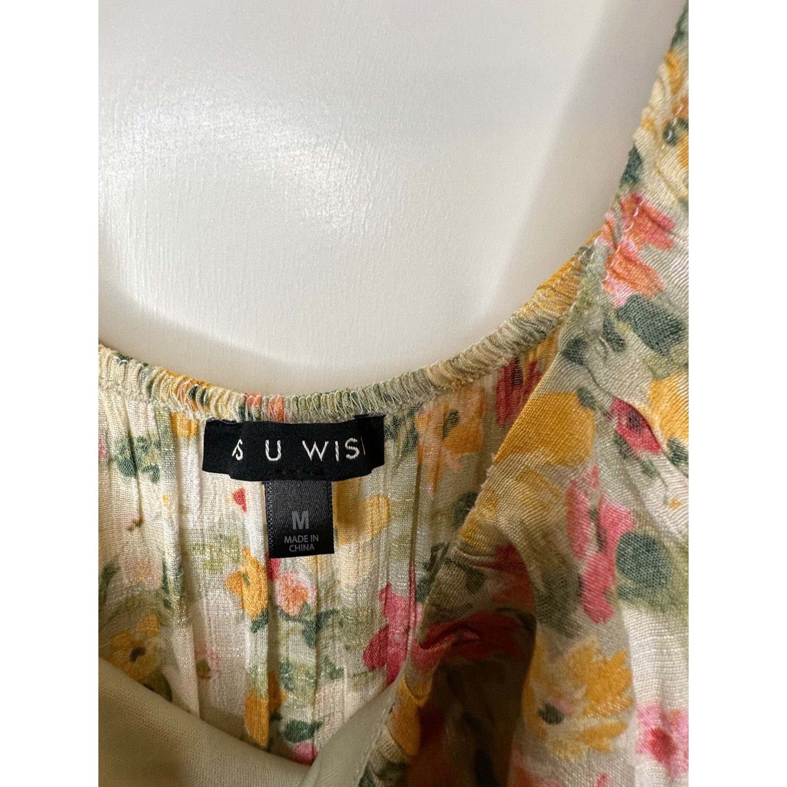 SU WISH Floral Puff Sleeve Mini Dress Yellow Pink Green Ruched Tiered Size M