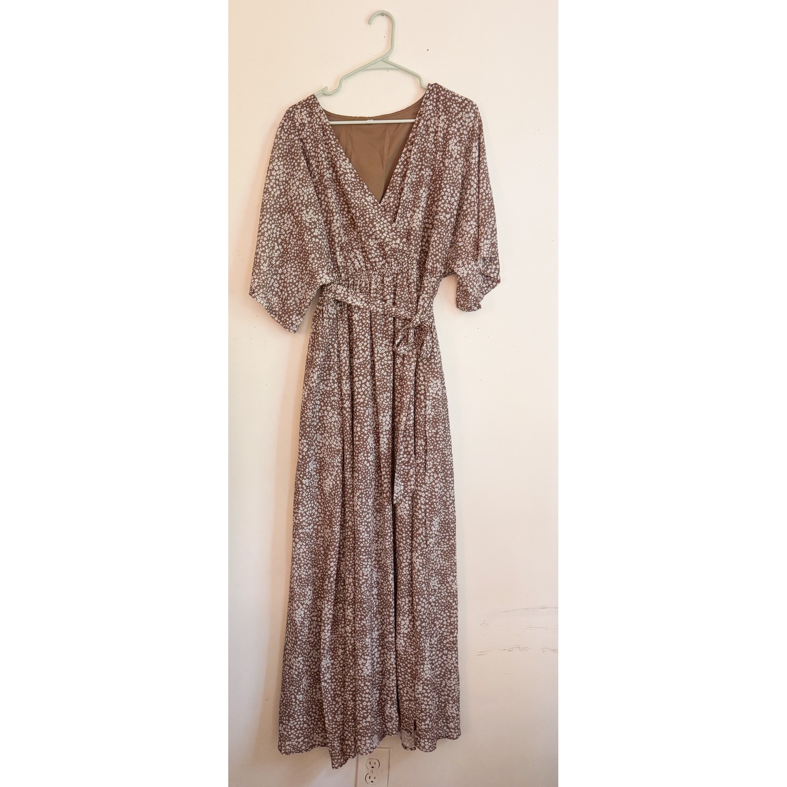 Boho Ditsy Floral Maxi Dress Brown White Wrap V-Neck Short Sleeve XL Side Slit