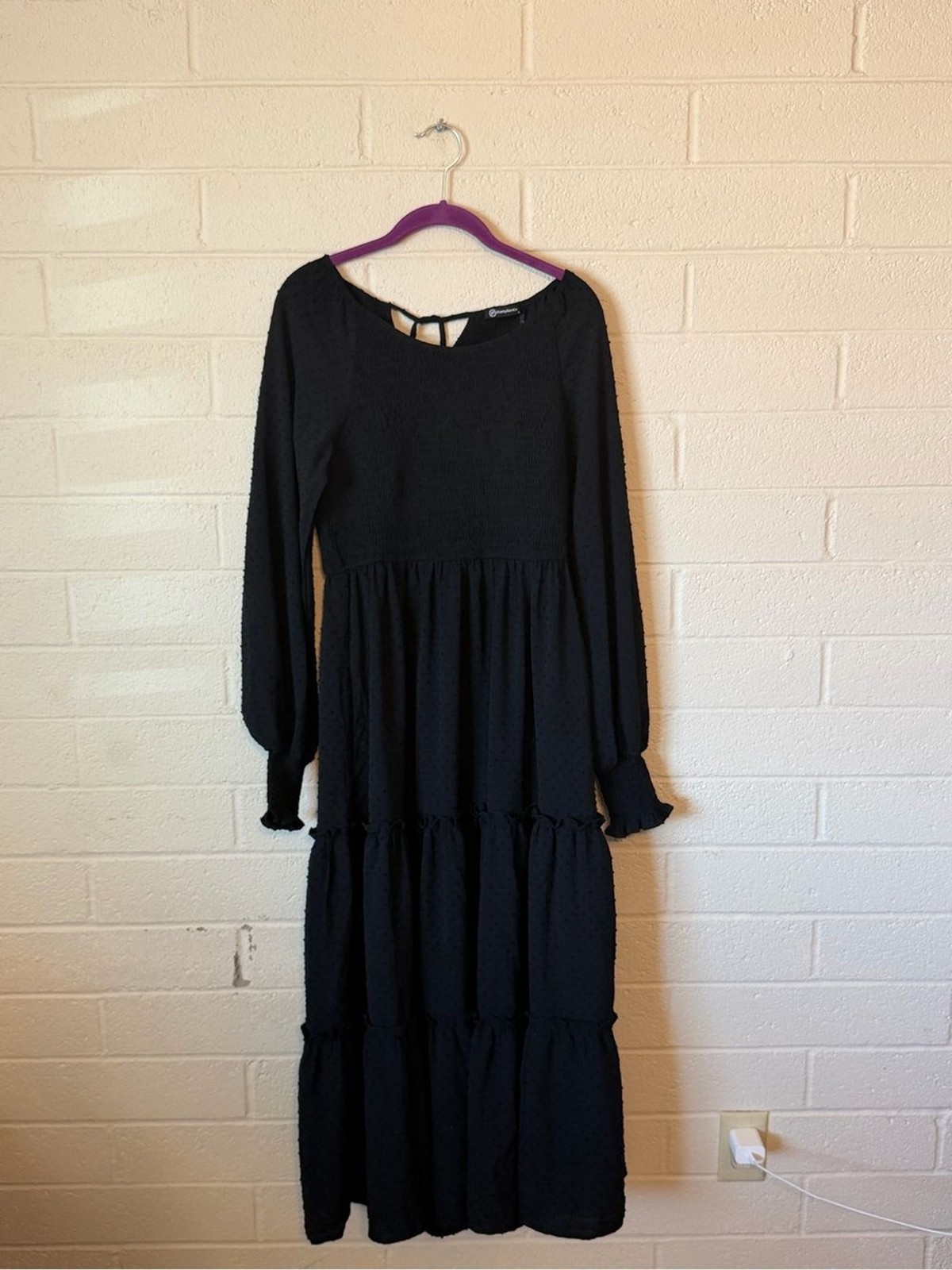 Black Long-Sleeve Tiered Maxi Dress with Back Strap Detail