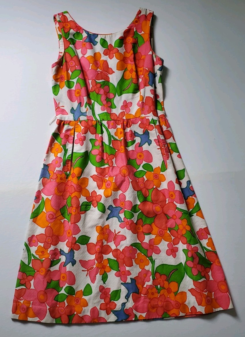 Vtg 60s Malia Honolulu for Liberty House Hawaiian Dress Floral Birds Stain