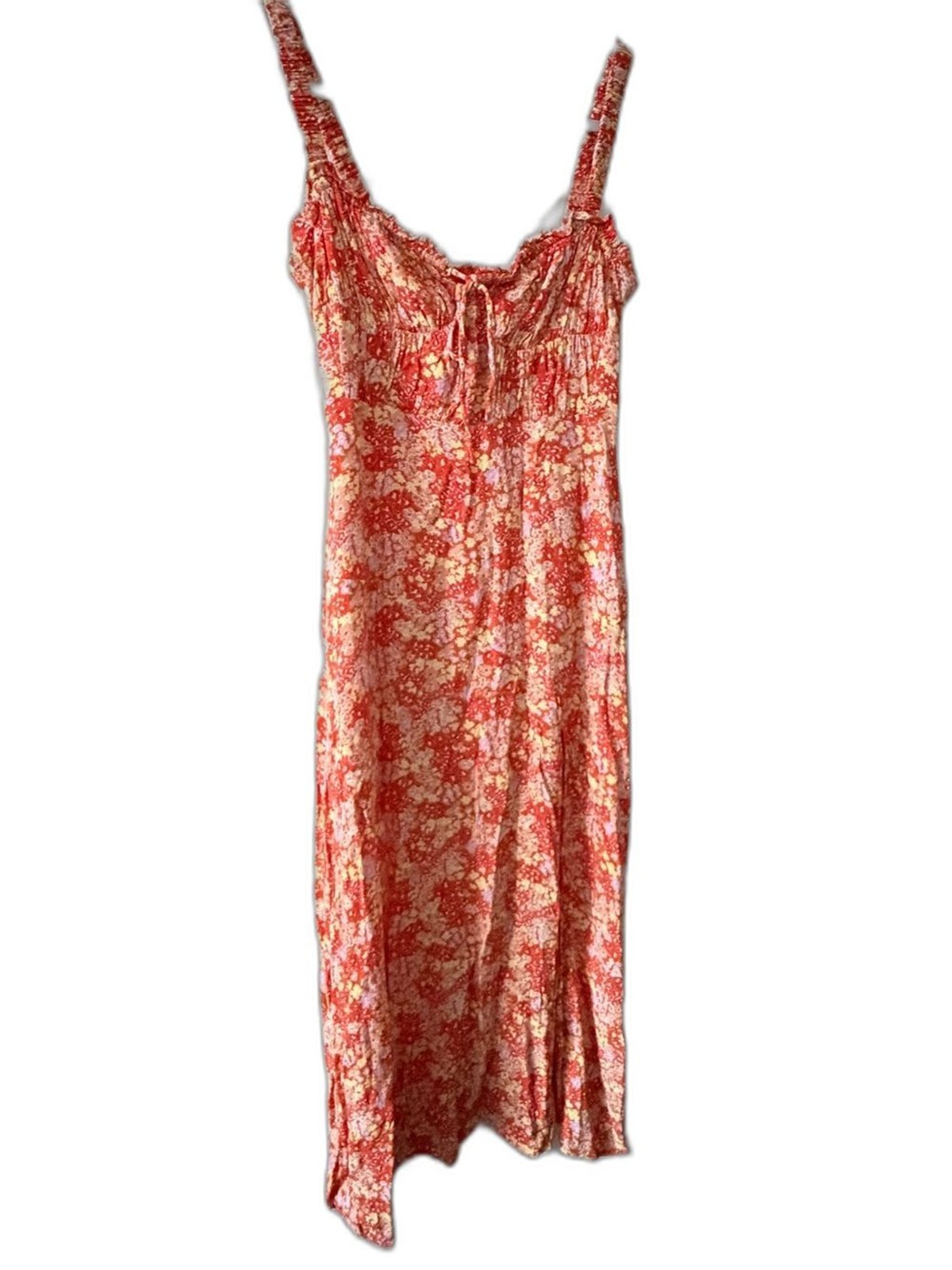 ASTR The Label Orange Floral Milkmaid Ruched Midi Dress Size M