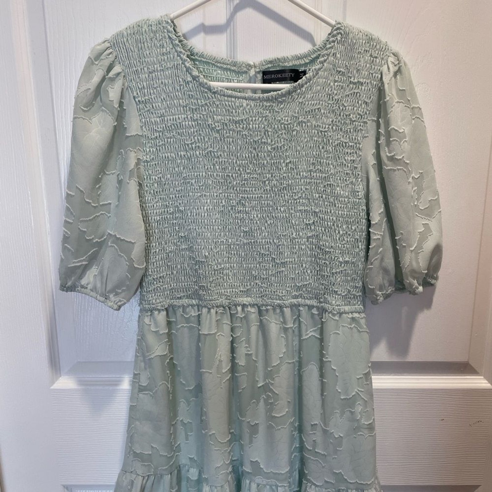 Merokeety Women’s Mint Green Smocked Midi Dress Puff Sleeve Tiered Skirt Size M