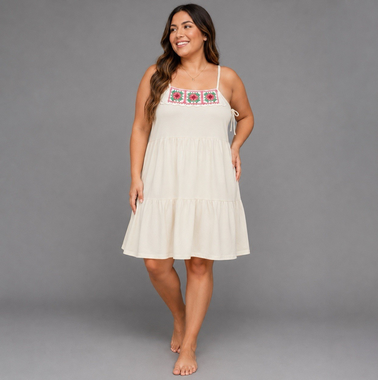 BTWEEN Women’s Cream Embroidered Tiered Sleeveless Dress Size 12 Boho Floral