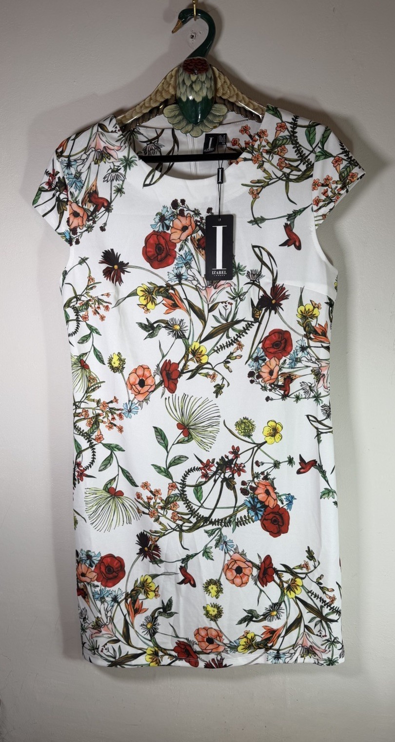 Izabel London Floral Print Bodycon Dress UK 16 White & Multi Botanical BNWT