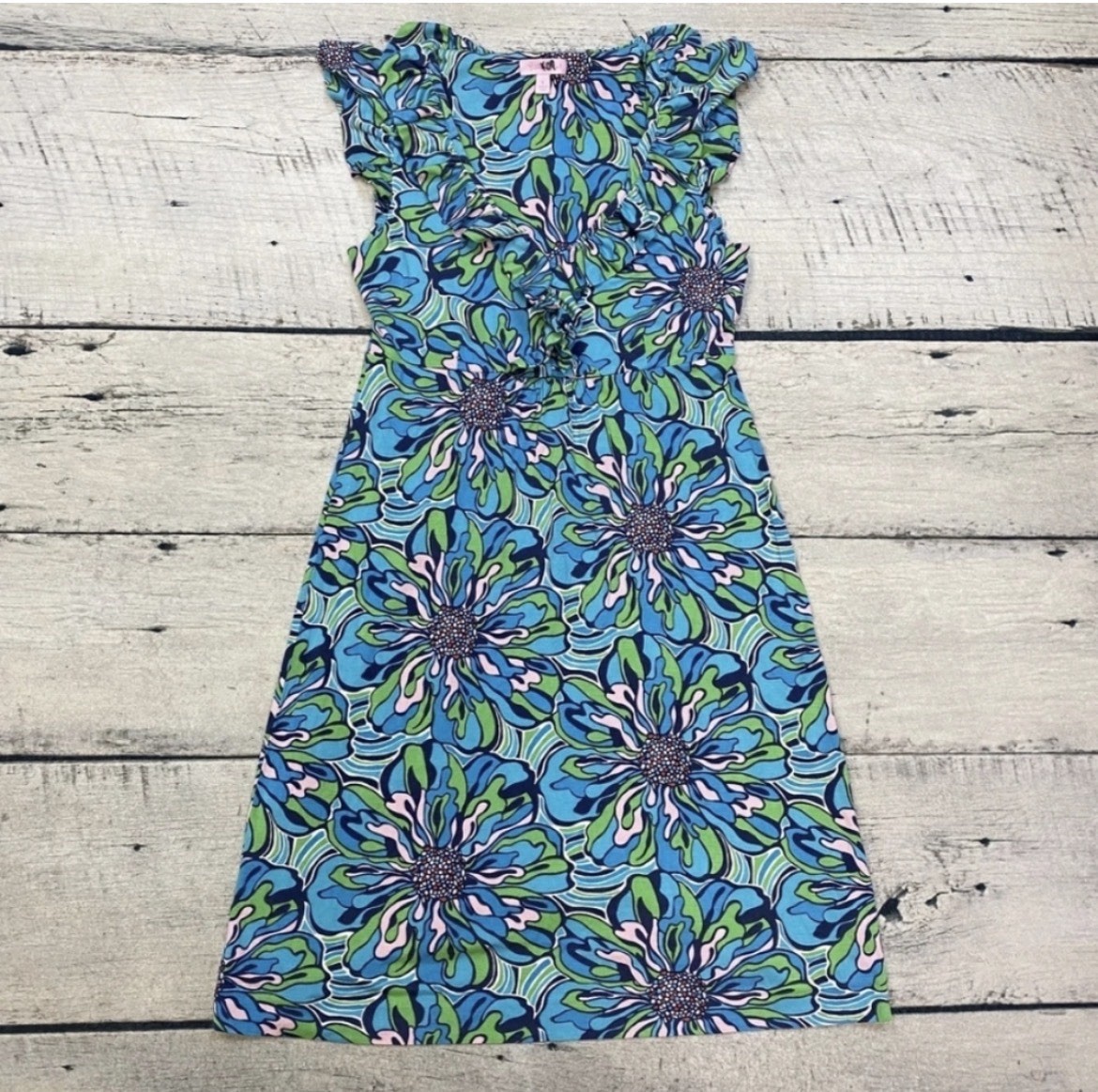 Lilly Pulitzer Blue/Green Floral Ruffle Shift Dress V-Neck Cap Sleeve S