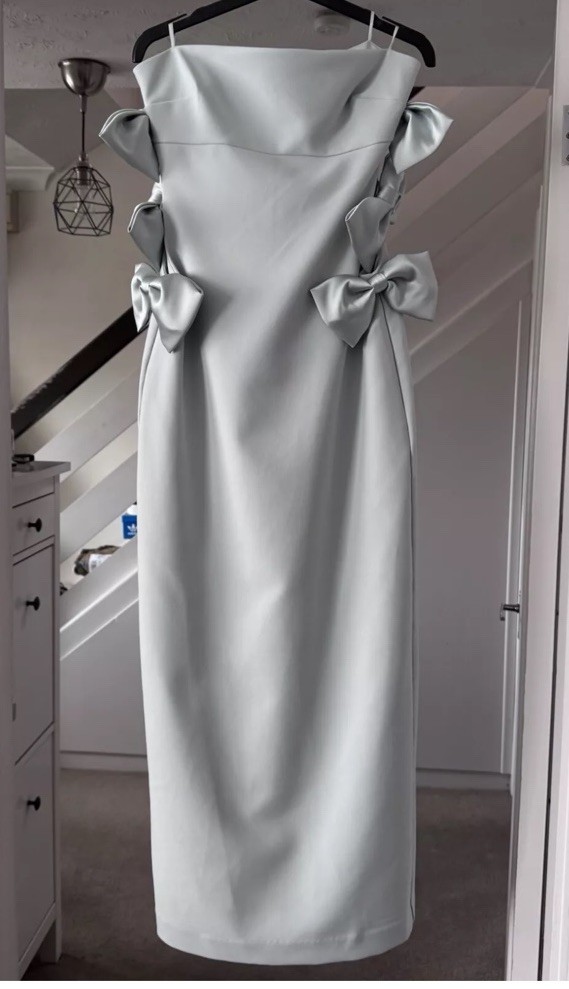 ZARA FW24 FITTED OFF-SHOULDER MIDI DRESS M SATIN BOWS SEA GREEN 4772/211 NWT