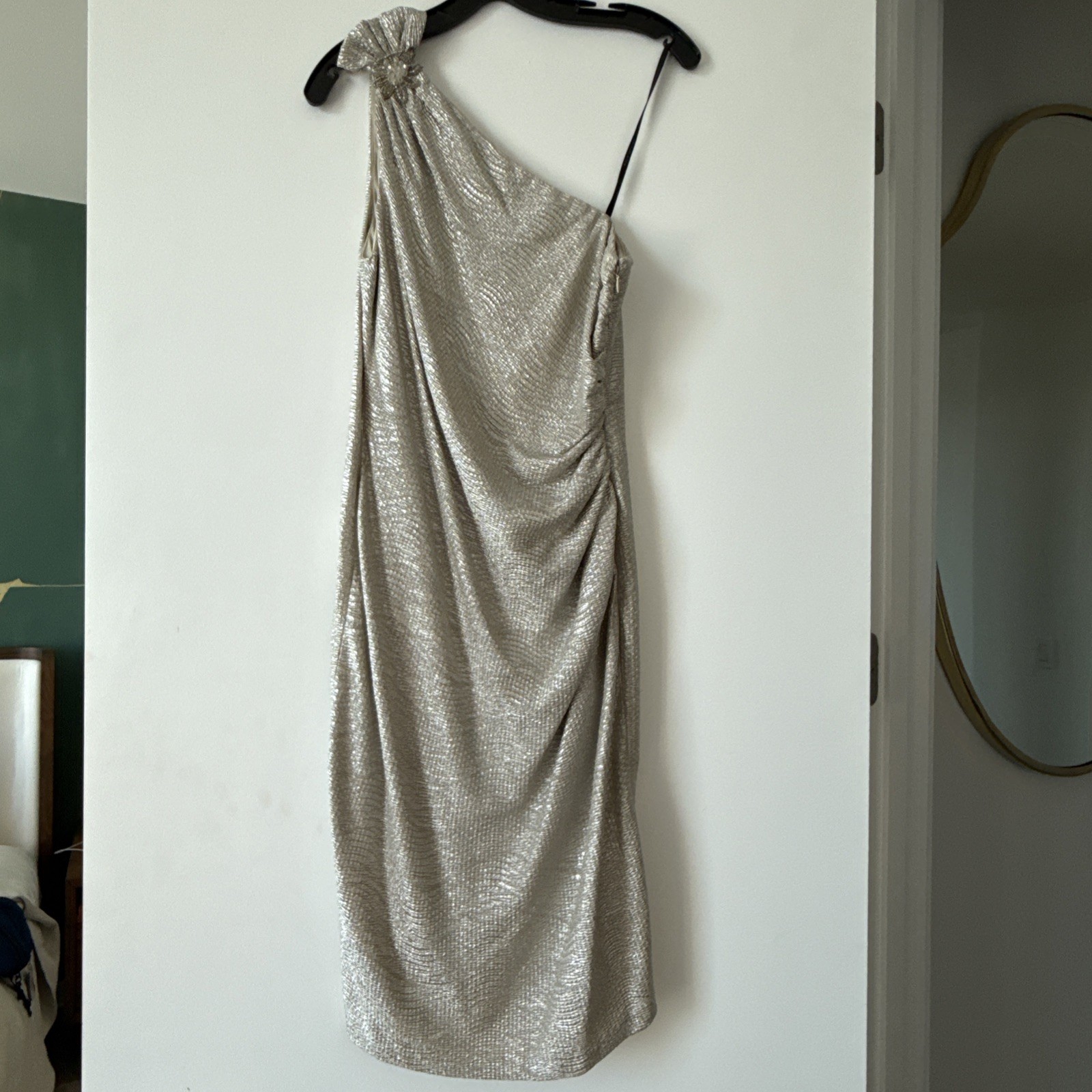 David Meister Women’s Silver Metallic Beaded One Shoulder Dress Size 12