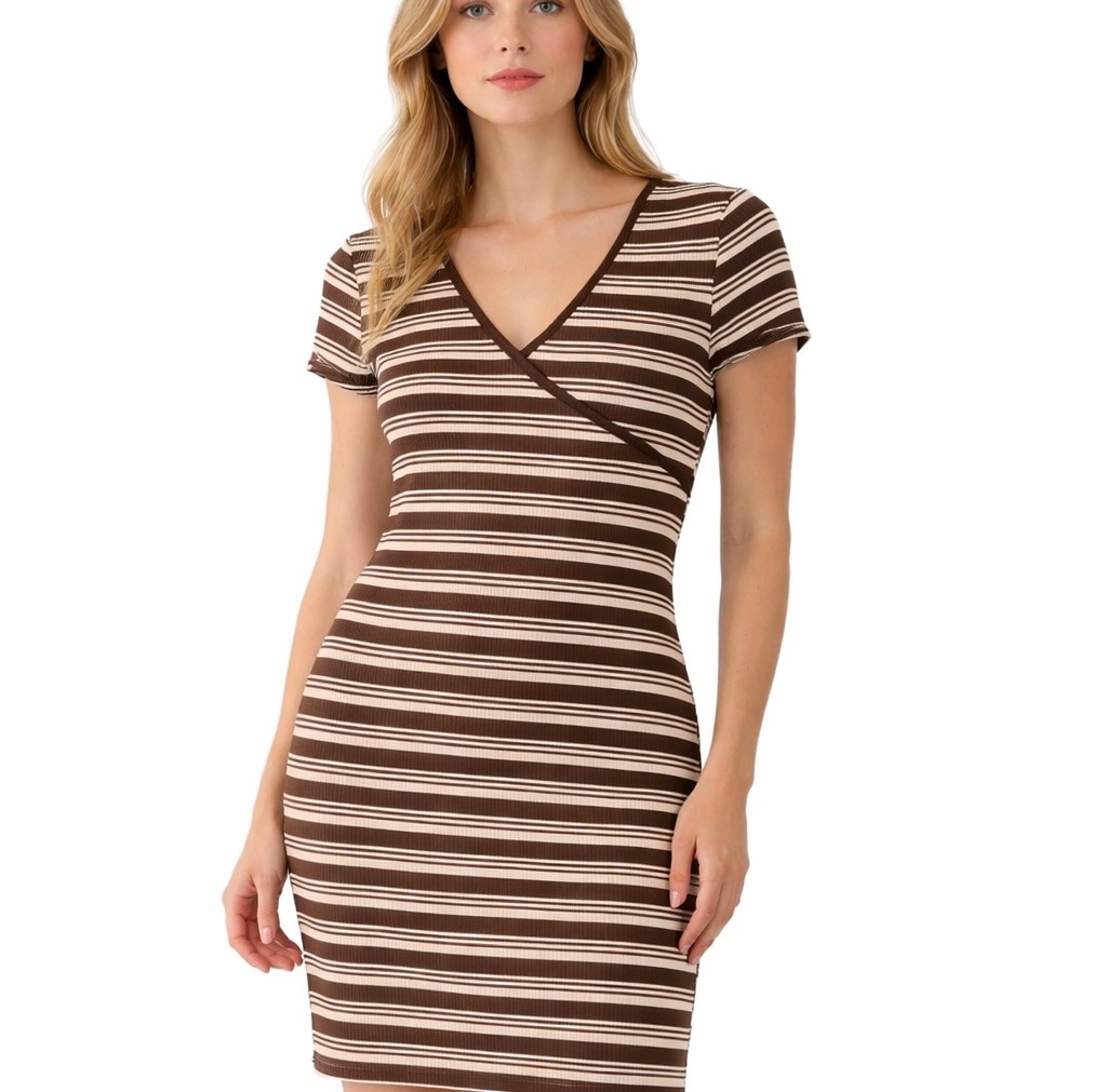 DEREK HEART Striped Ribbed V-Neck Dress in Brown and White, Size L NWT