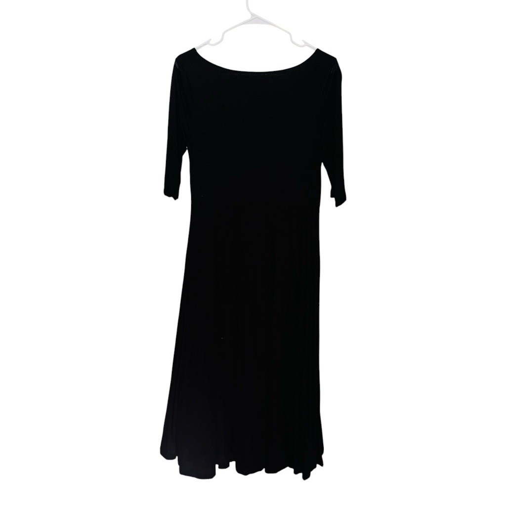 Eileen Fisher Black Knit Scoop Neck 3/4 Sleeve Midi Shift Dress Lyocell Silk S