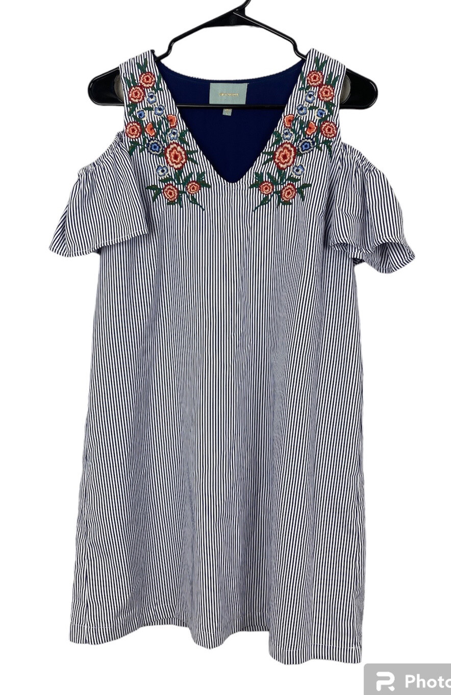 SKIES ARE BLUE Striped Floral Dress Small Blue Coastal Nautical Beach Preppy