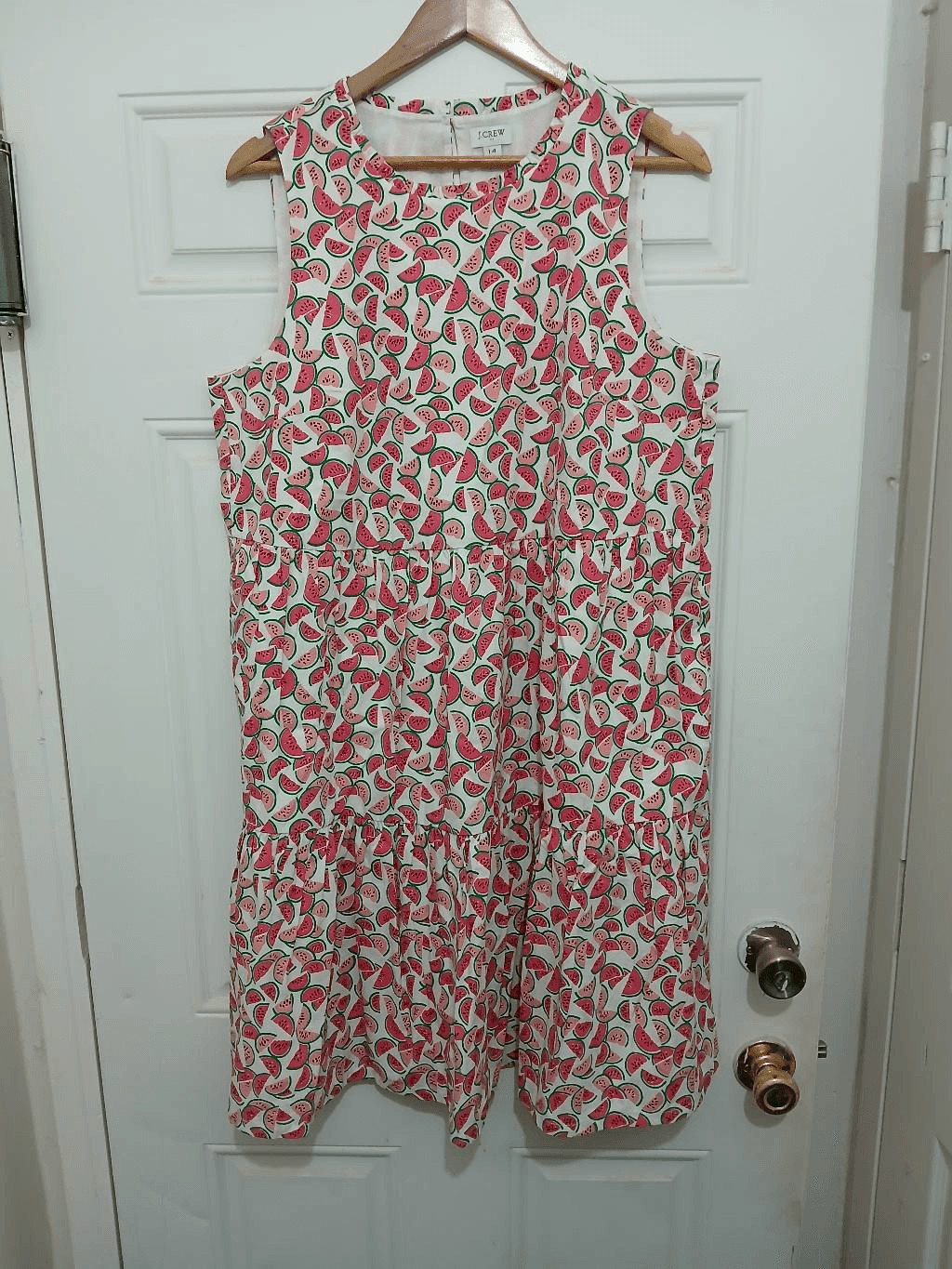 J.crew womens Sz 14 watermelon novelty print shift dress green pink tiered pink