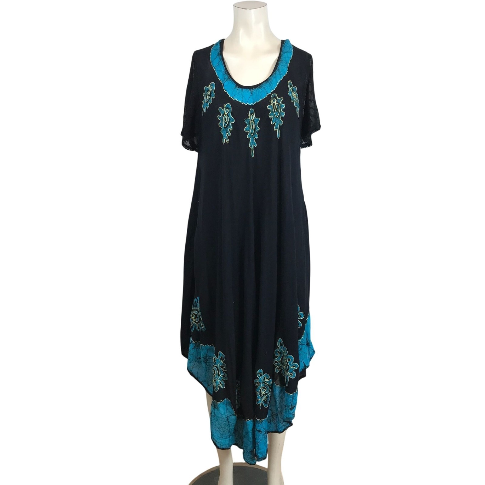 SAKKAS – WOMEN’S ONE SIZE – BLACK /TURQUOISE – SHORT SLEEVE BOHO DRESS