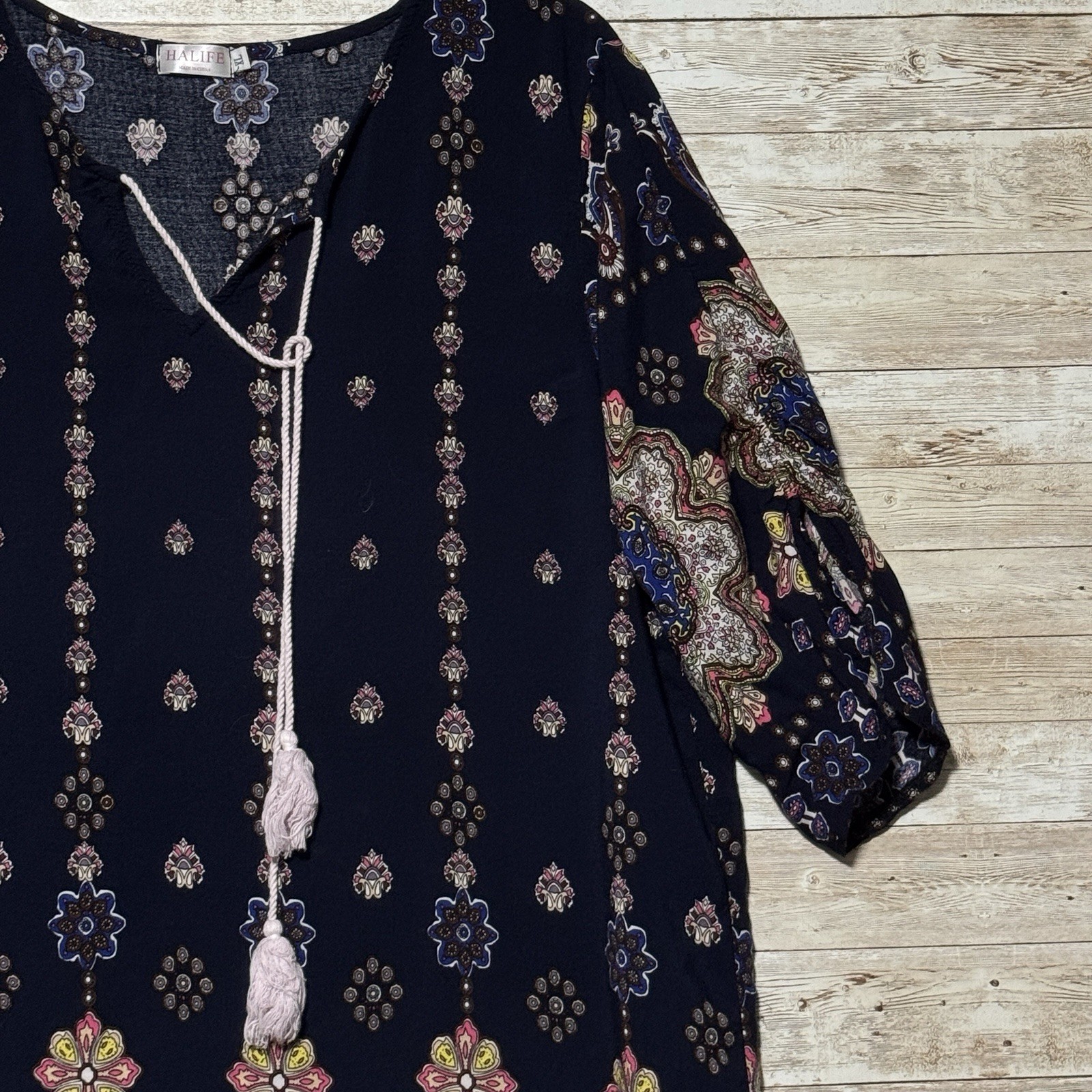 Halife Womens Boho Mandala Print Tunic Shift Dress Tassel Tie Neck Sz XL Hippie