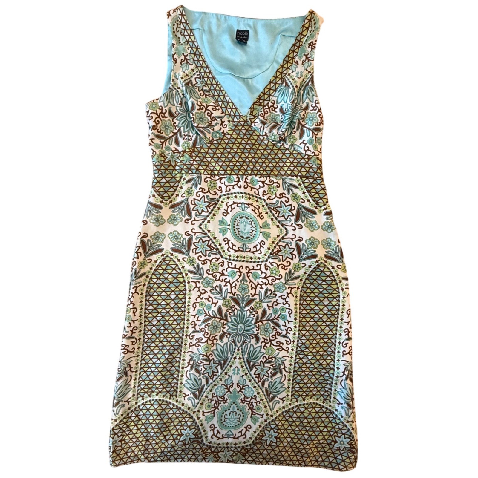 Nicole Miller 100% Silk Paisley Floral V-Neck Dress Blue Brown Sz 8 Boho Luxury