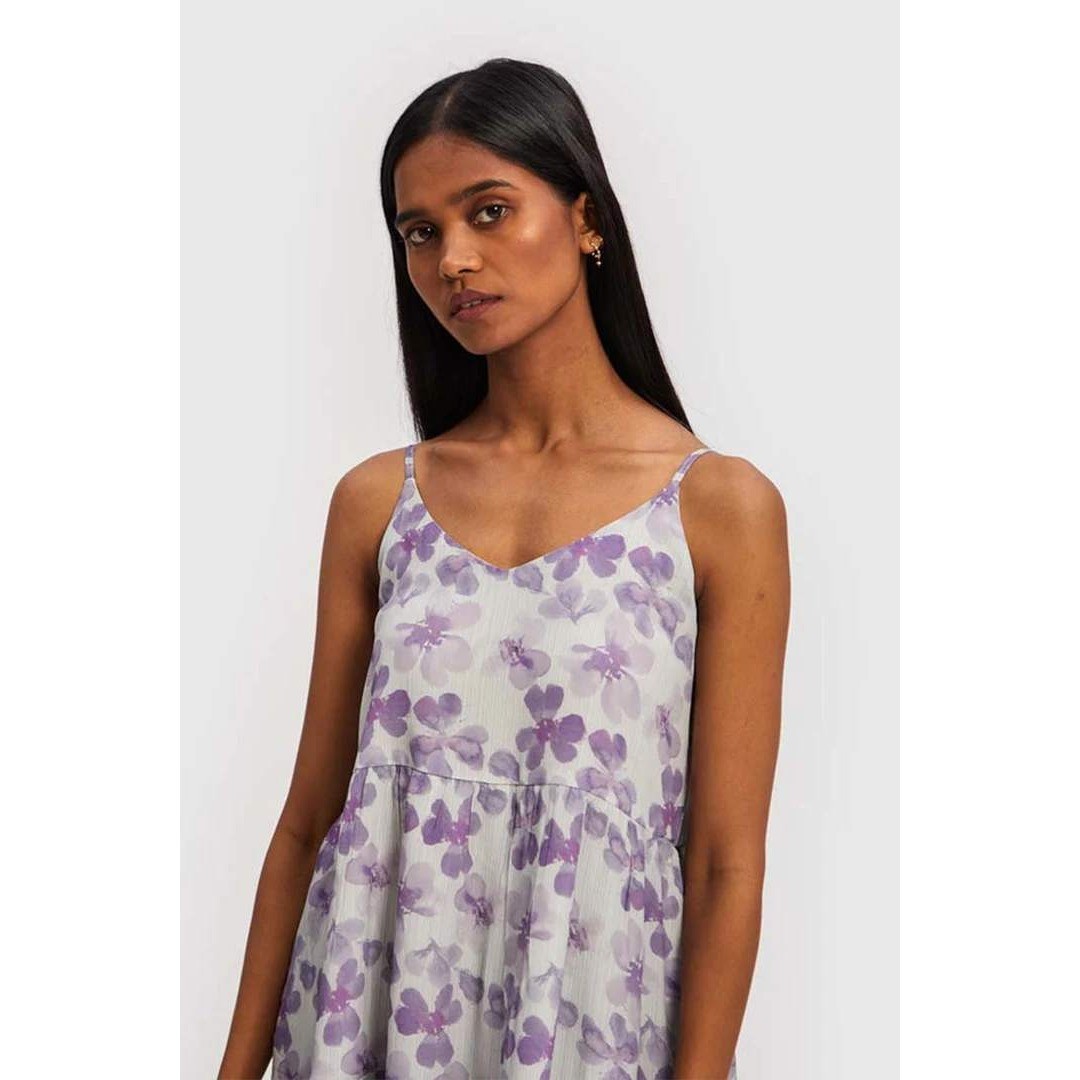 Reistor 100% Bemberg Cupro Lilac Strappy Floral Tiered Midi Dress Pockets S