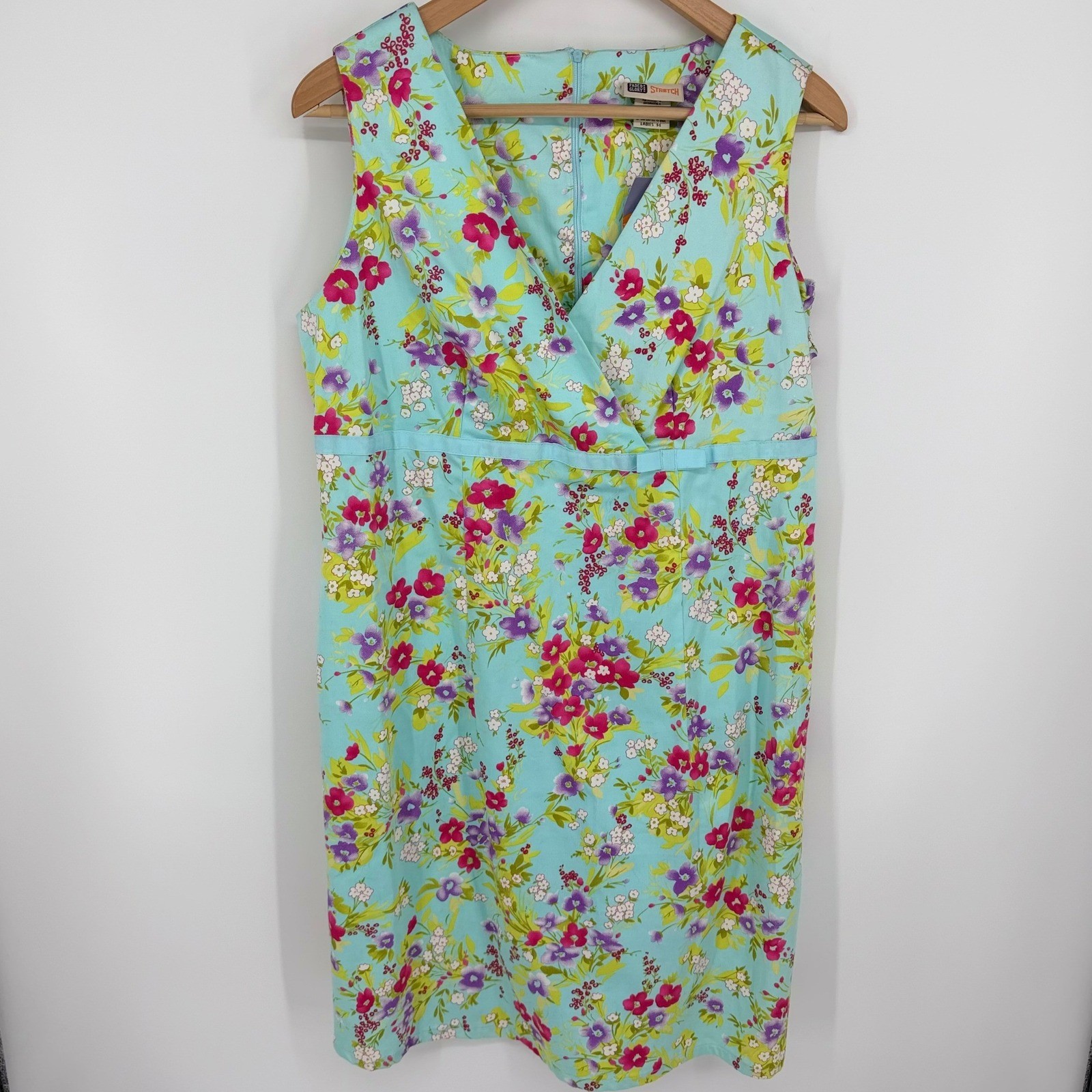 VTG Faded Glory Stretch Sateen Empire Waist Dress Women’s 14 Aqua Floral Y2K NEW