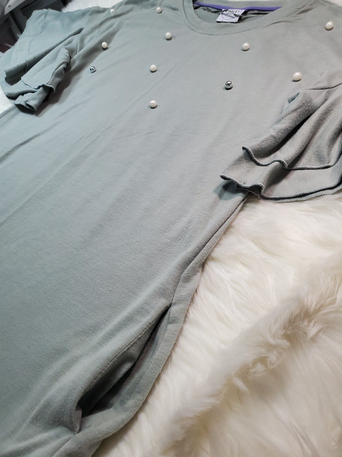 Violet Weekend Small Shift Dress Sweat Pearls Beaded Ruffle Sleeve Pockets Y-14