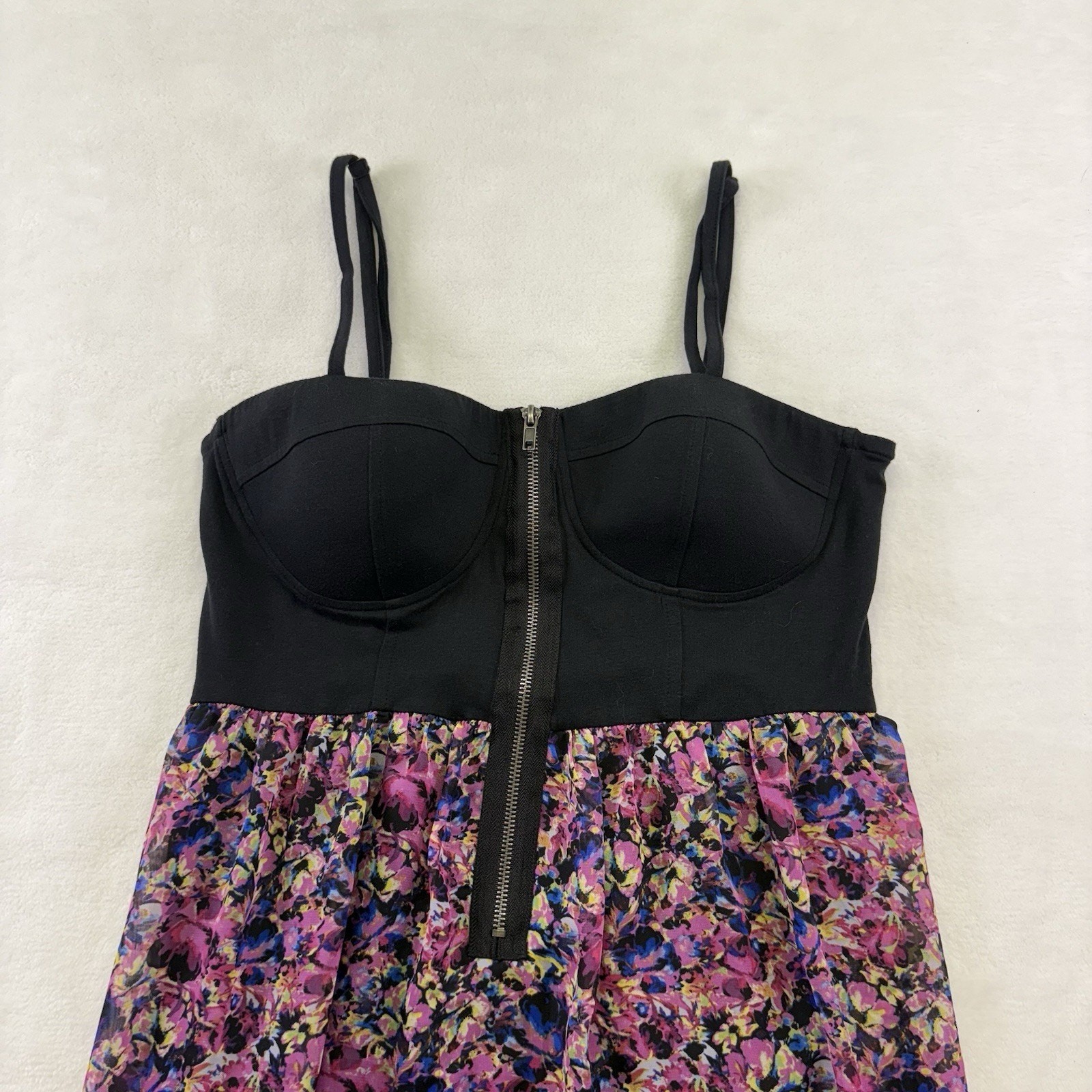Material Girl High Low Dress Zip Corset Semi Sheer Black Floral Mini Dress XL
