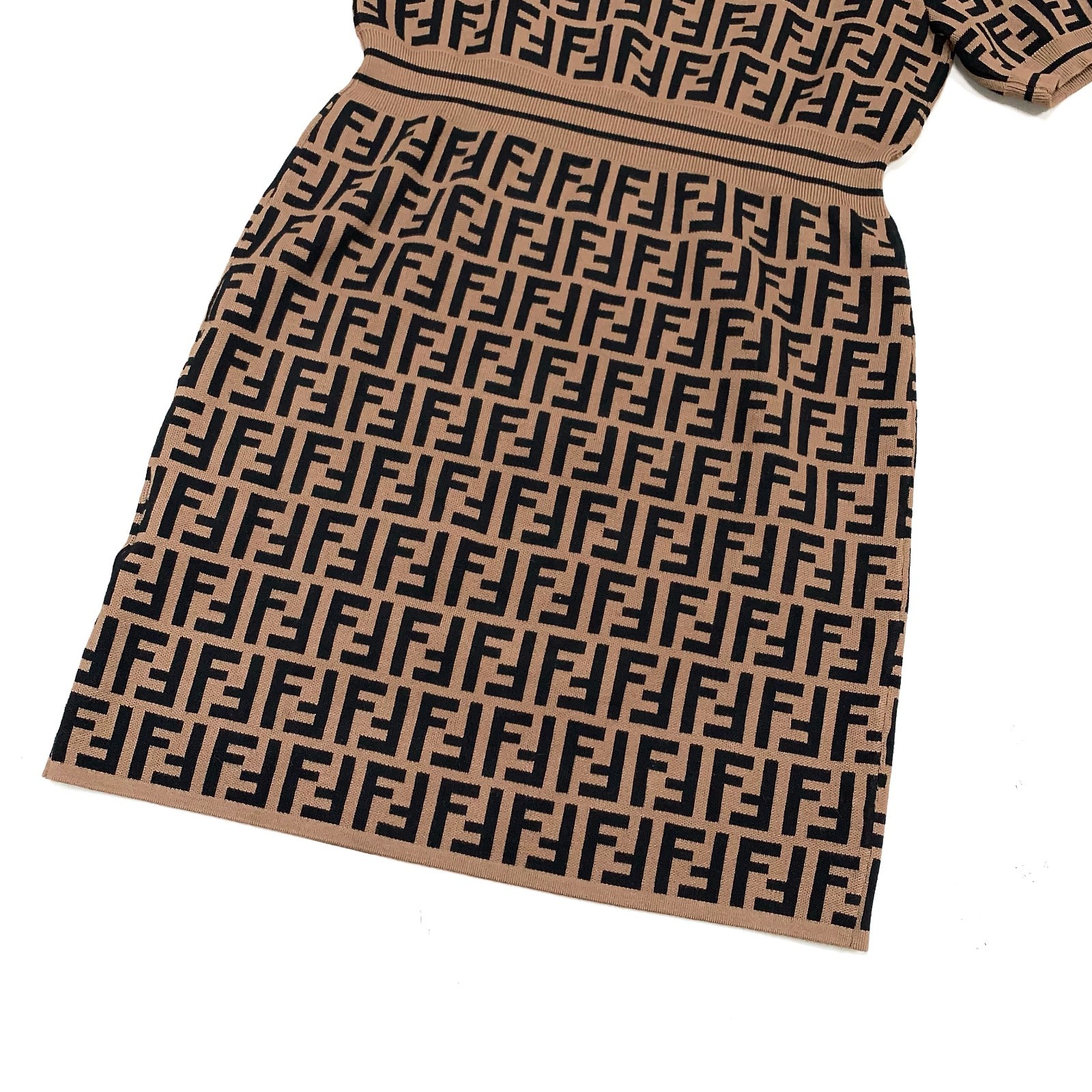 Fendi Zucca FF Monogram Logo Knitted Polo Stretched Dress Brown 38 (S) Size