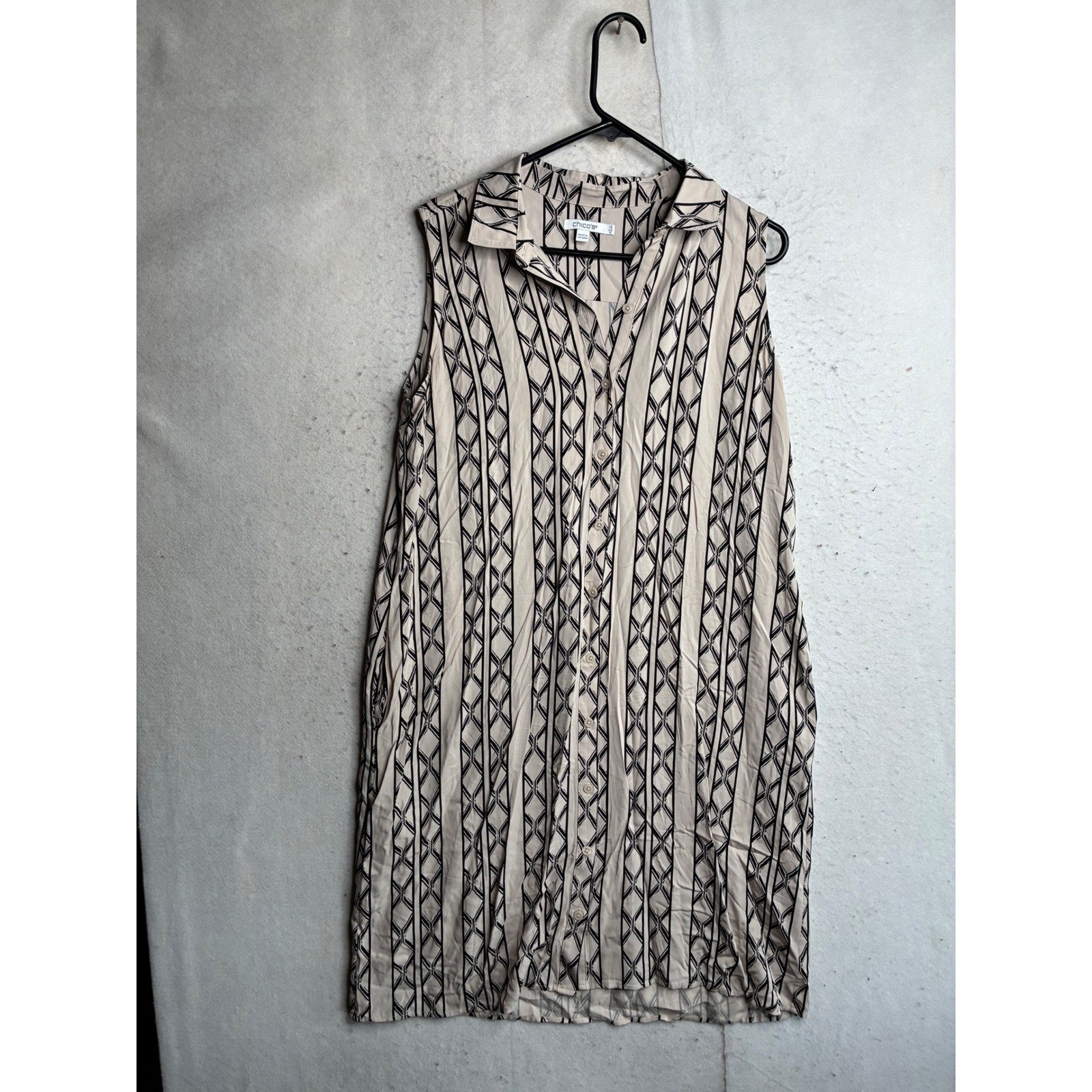 Chicos Sleeveless Silk Blend Geometric Stripe Button Front Shirt Dress womens 10