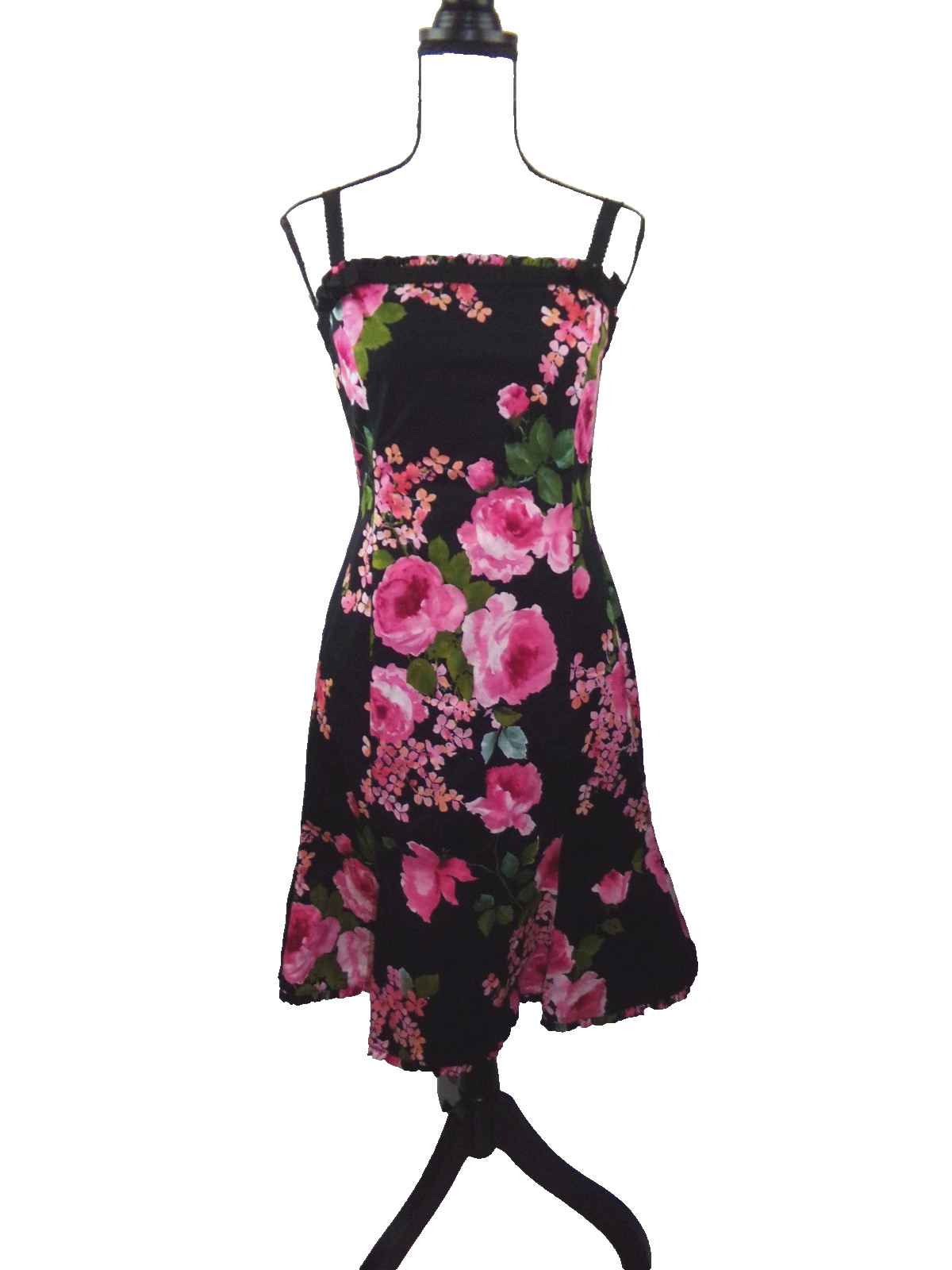 Sara Campbell women’s size 6 Floral Black and Pink Rose A-Line Dress Y2K