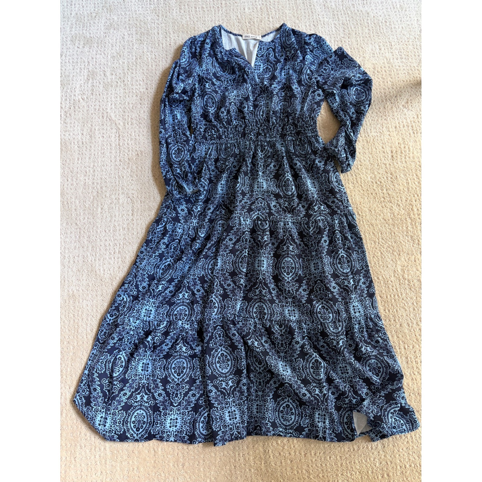 Grace Karin Blue Paisley Damask Smocked Waist Tiered Midi Dress Womens Medium