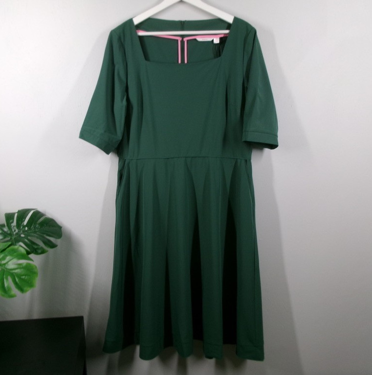 BETABRAND Dress Womens XL Elixir Square Neck Fit Flare Midi Dress Emerald Green