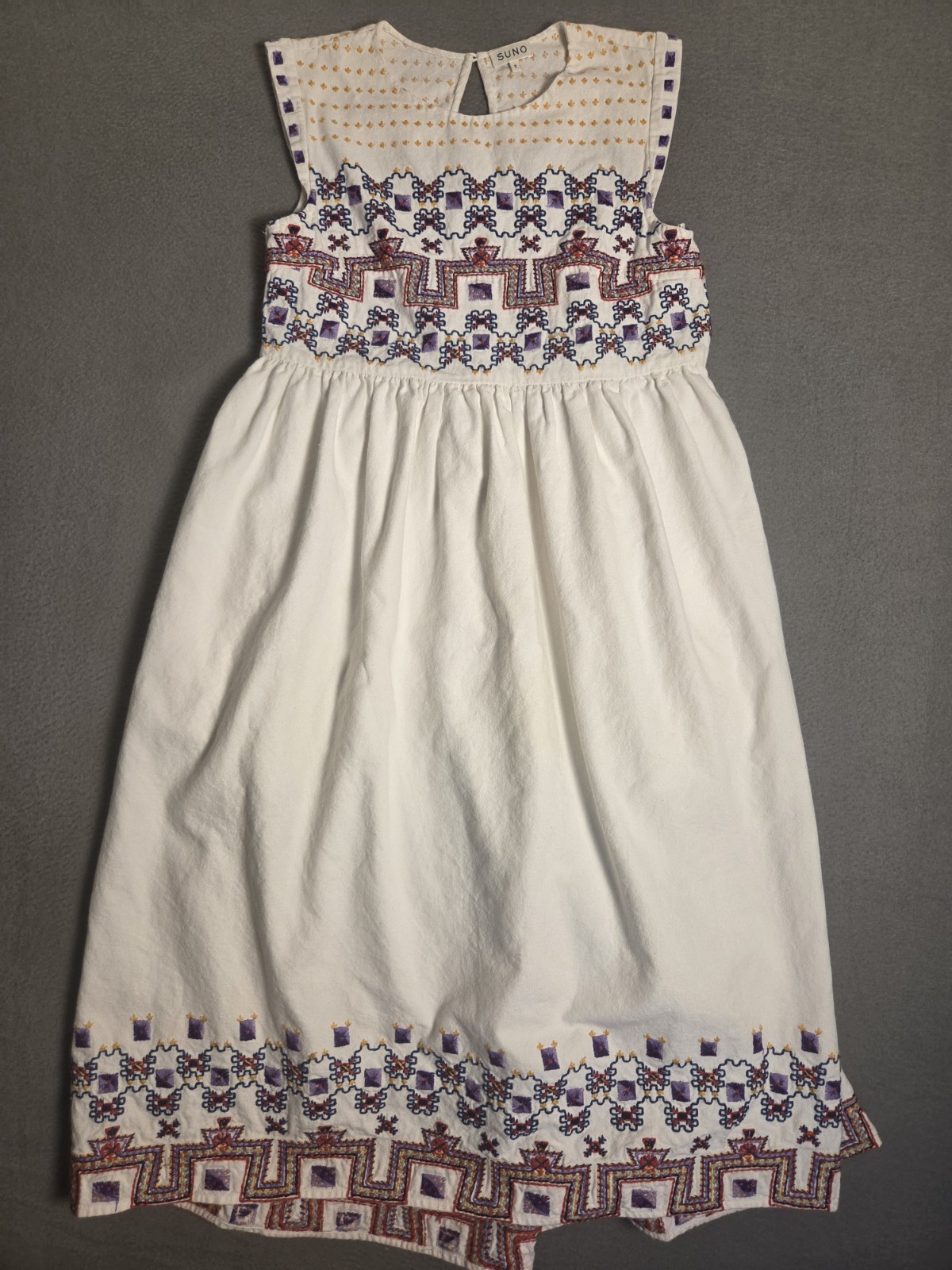 Suno NY White Cotton Geometric Embroidered Boho Sleeveless Midi Dress Size 2
