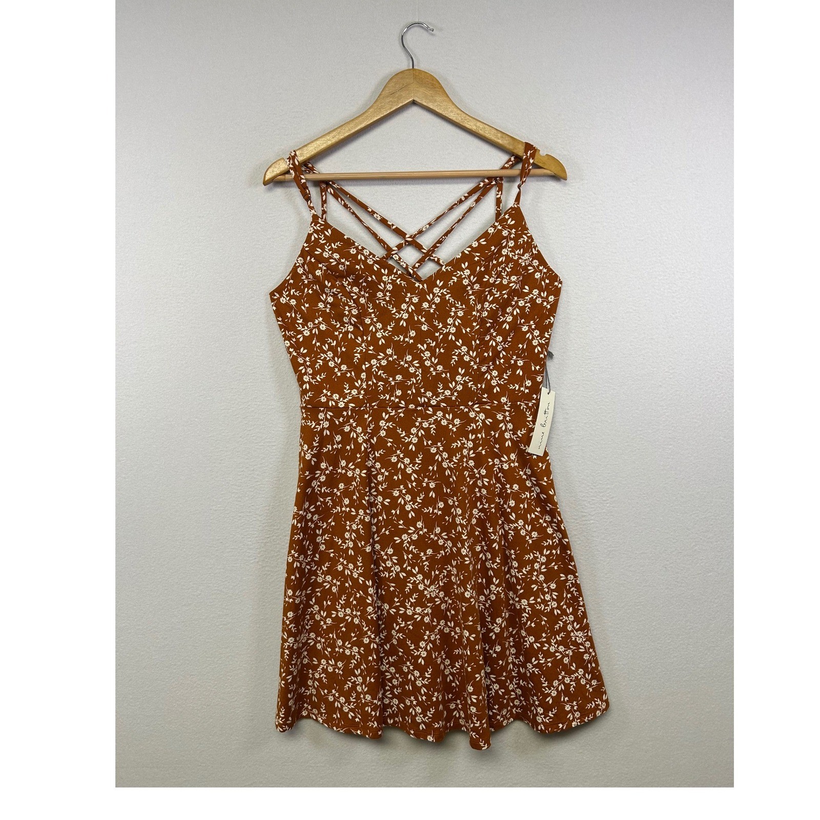 Cottagecore Nine Britton Womens Large Rust Floral Strappy Criss Cross Mini Dress