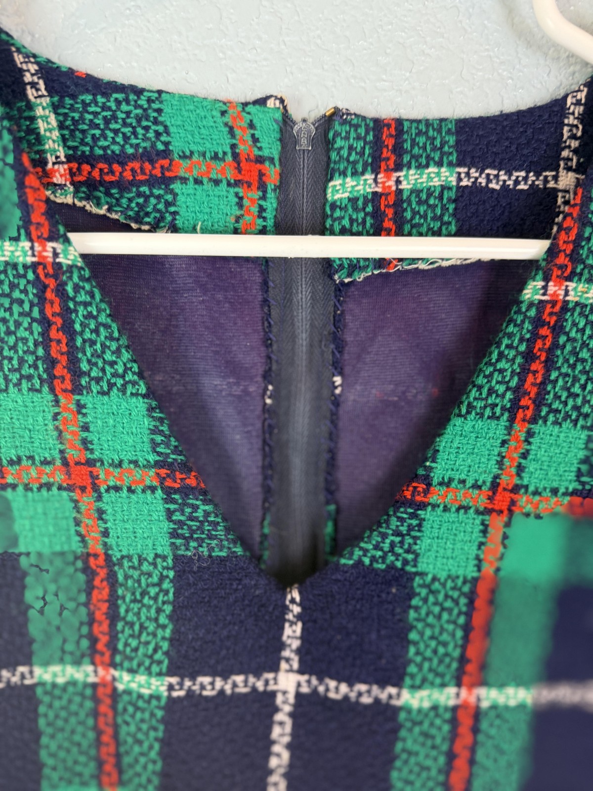 Vintage Plaid Dress Womens Medium Green Blue Sleeveless Mod Style Lined 60s 70s