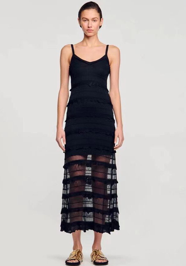 Sandro Nail bead Ruffled edge Knitting Fishtail vest dress Women’s Dresses